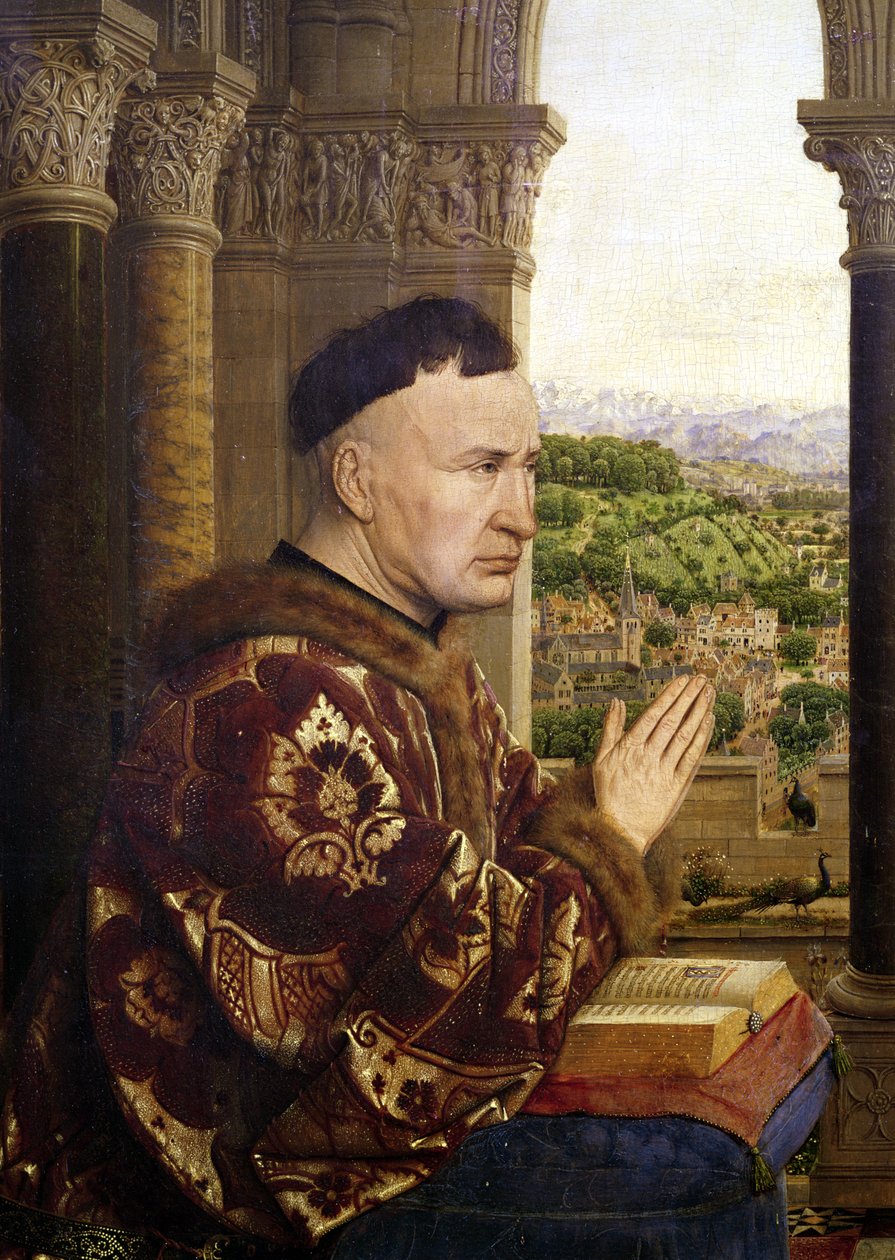 Rolin Madonna (La Vierge de Chancelier Rolin) detalj av kansler Nicolas Rolin (1376-1462) c.1435 av Jan van Eyck