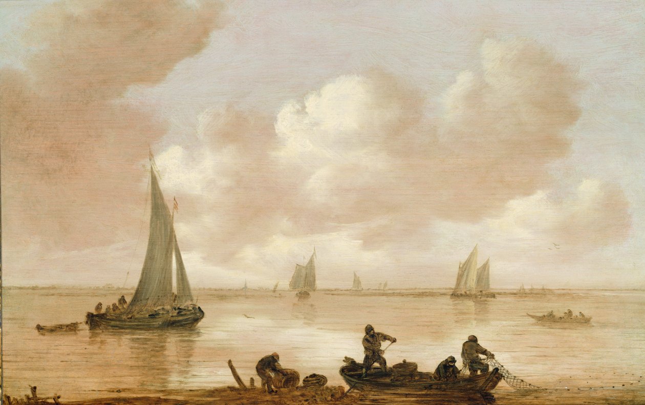 En mynning med fiskare som drar in sina nät (olja) av Jan Josephsz van Goyen