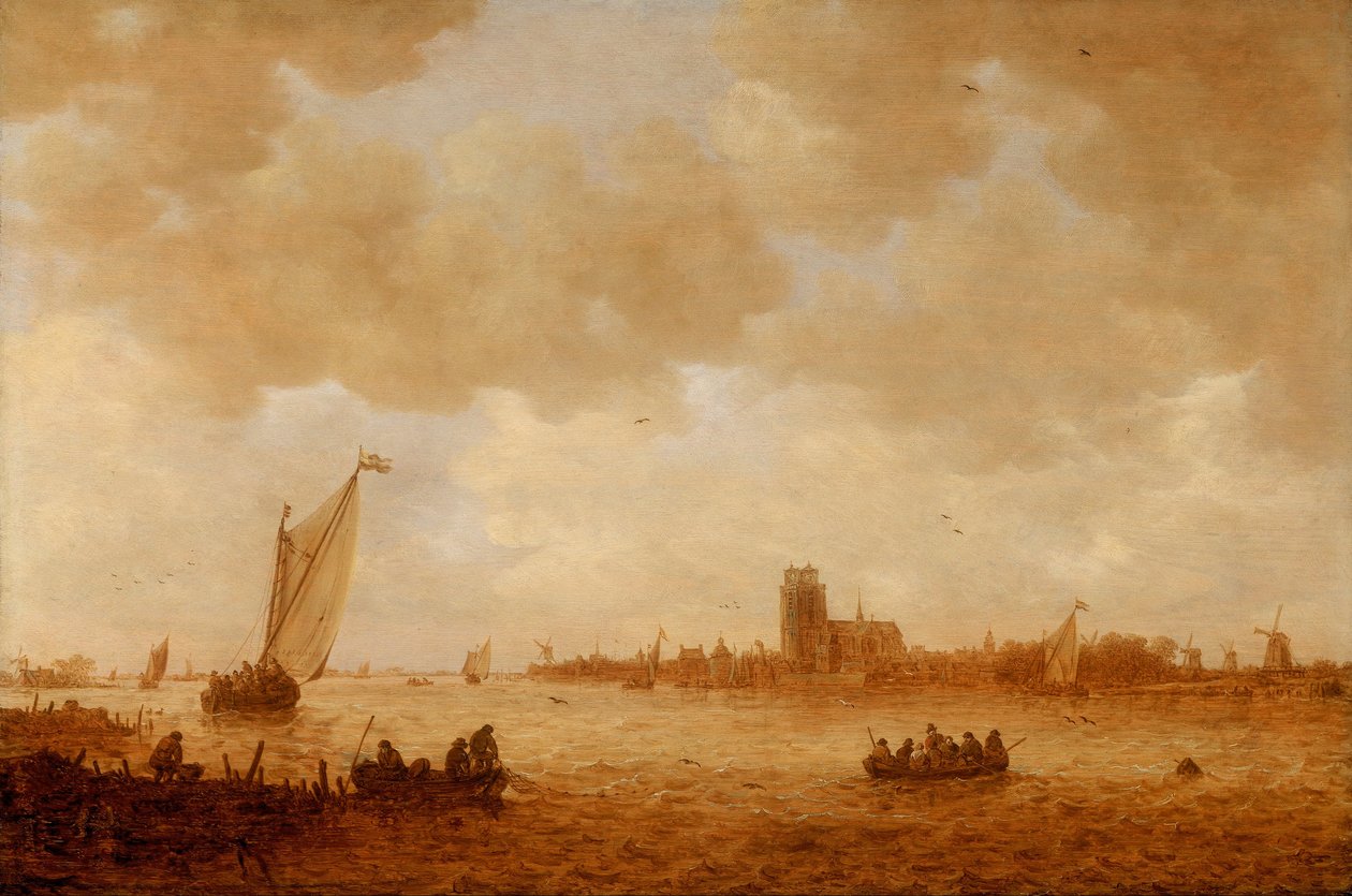 Utsikt över Dordrecht med Grote Kirk tvärs över Maas av Jan Josephsz van Goyen