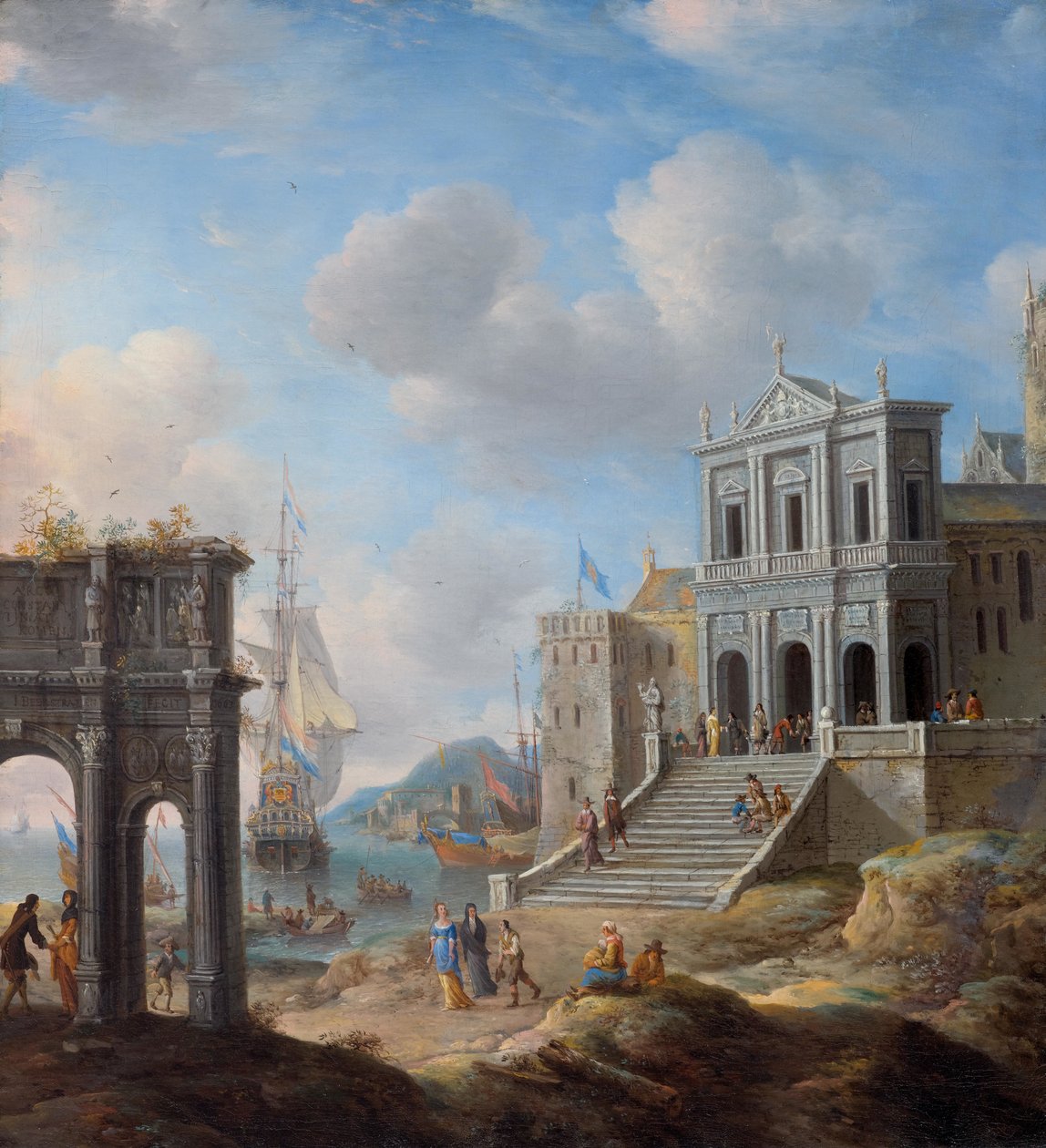 Capriccio mit dem Konstantinsbogen und der Kirche San Gregorio Magno al Celio neben einem Hafen av Jan Abrahamsz. Beerstraten