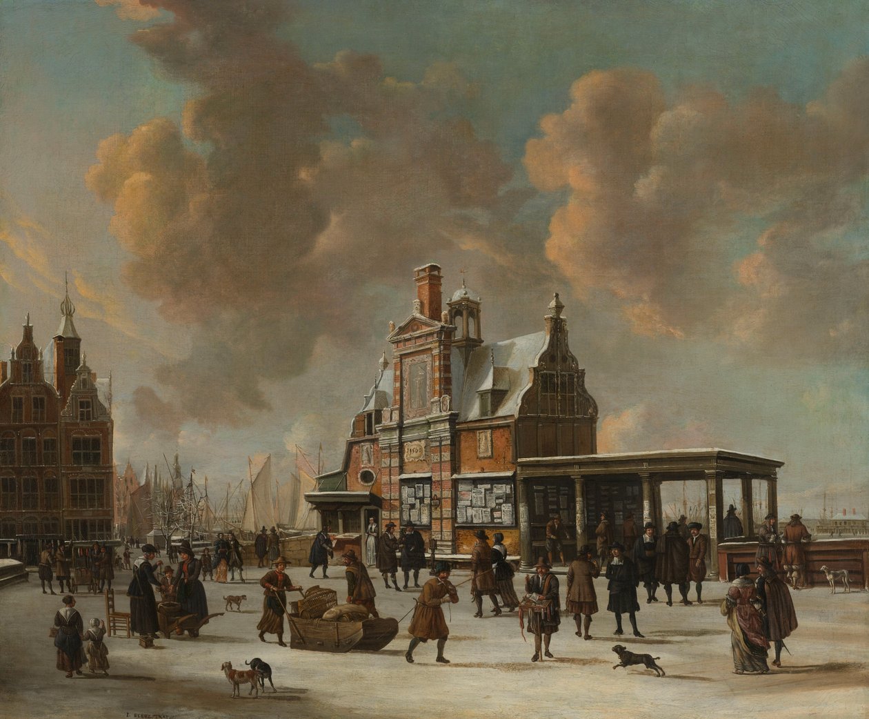 The Paalhuis and the Nieuwe Brug in Amsterdam during Wintertime av Jan Abrahamsz. Beerstraten