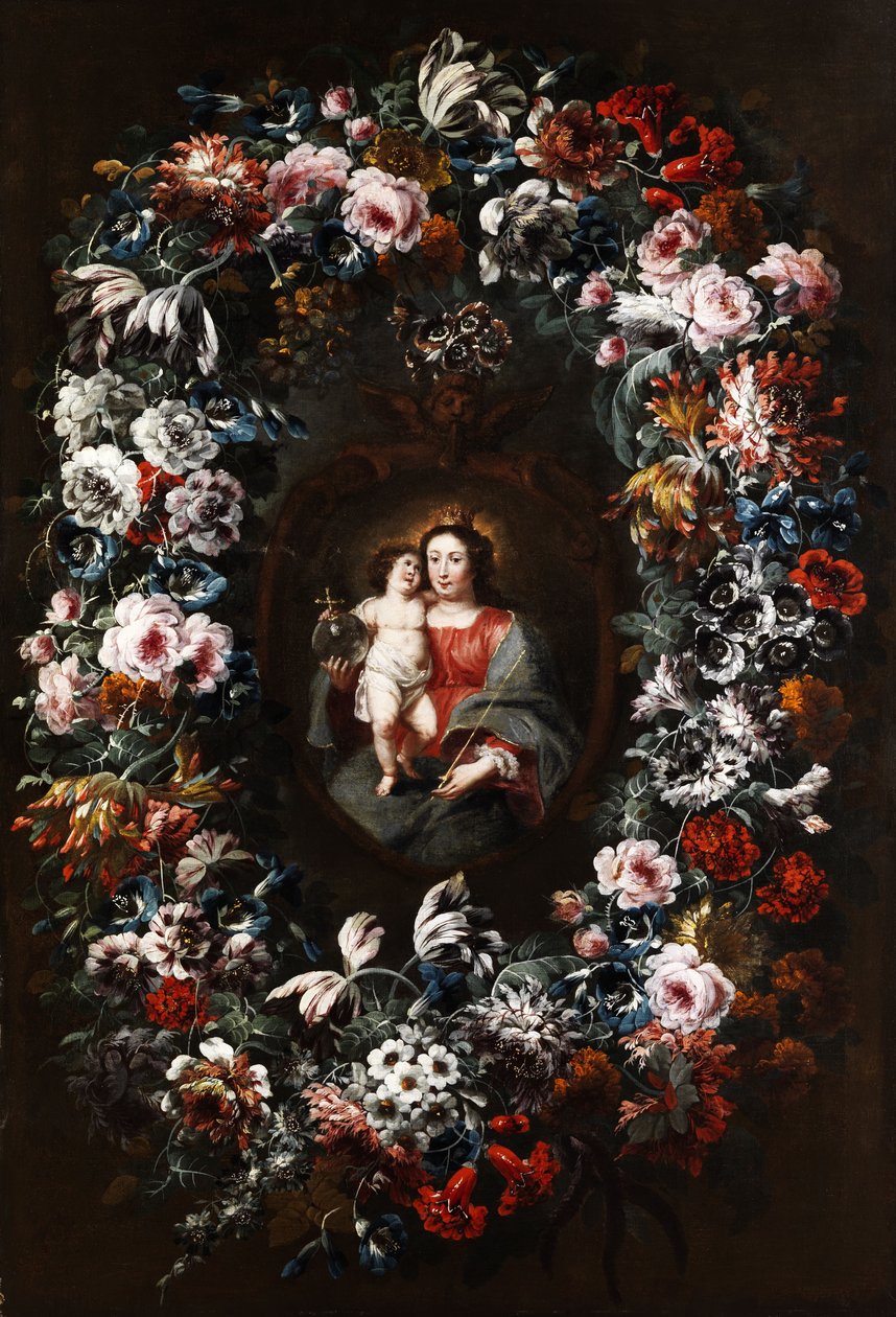 Virgin with Child in a large flower garland av Jan Baptist Morel