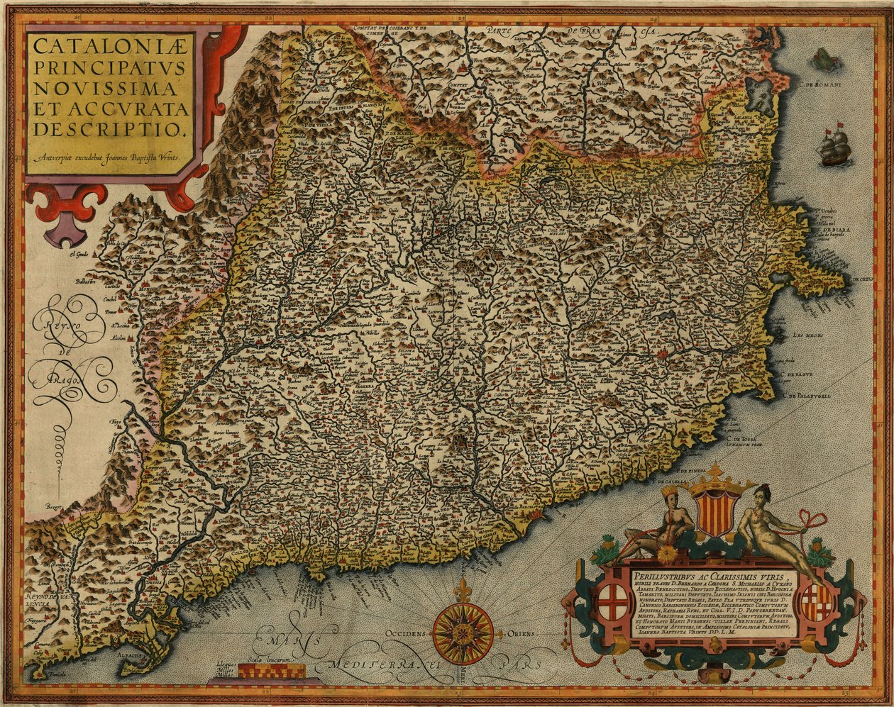 Map of Catalonia entitled Cataloniae principatus novissima et accurata descriptio printed in Antwerp in 1608 by Jan Baptist Vrients av Jan Baptist Vrients