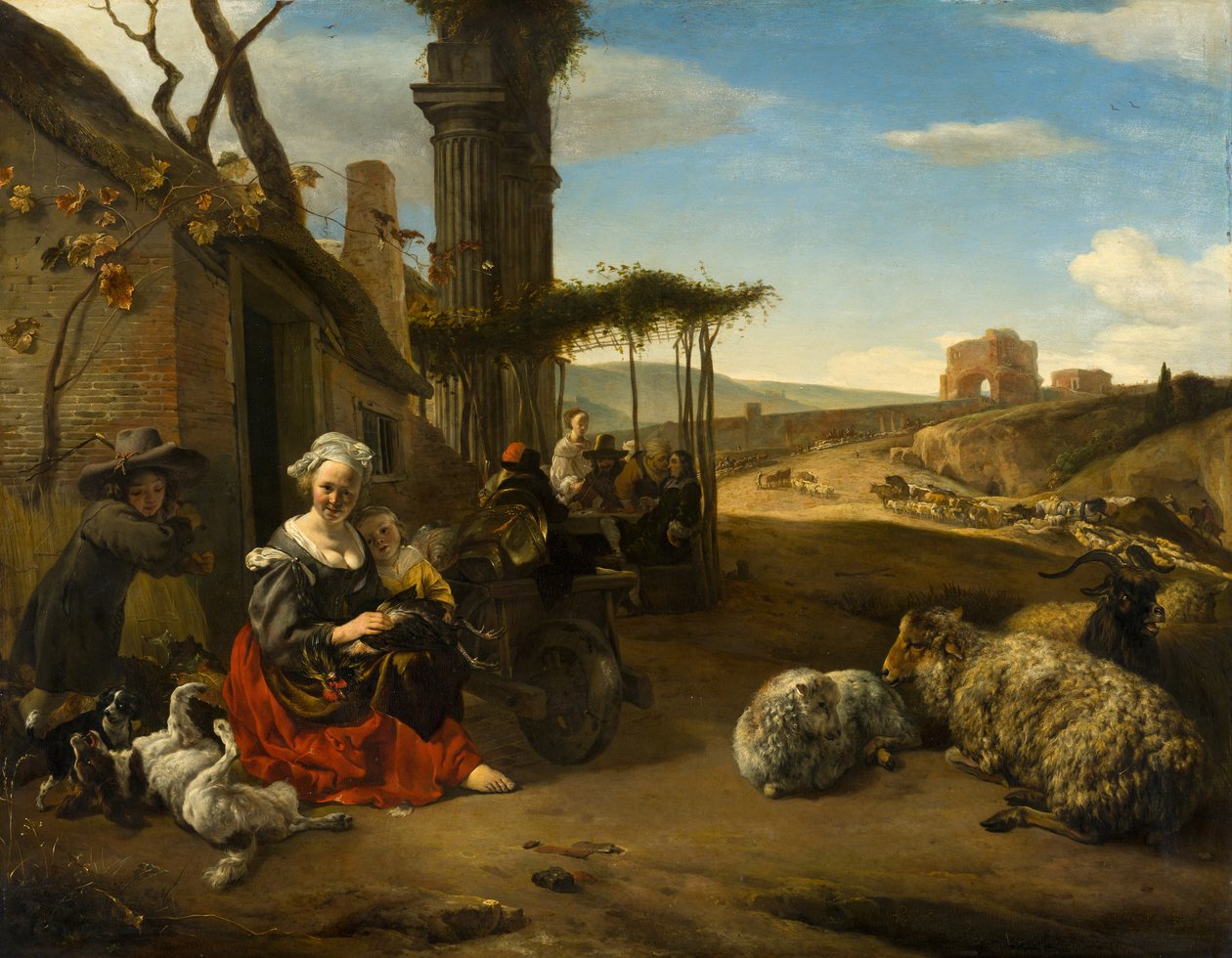 Italienskt landskap med värdshus och forntida ruiner av Jan Baptist Weenix