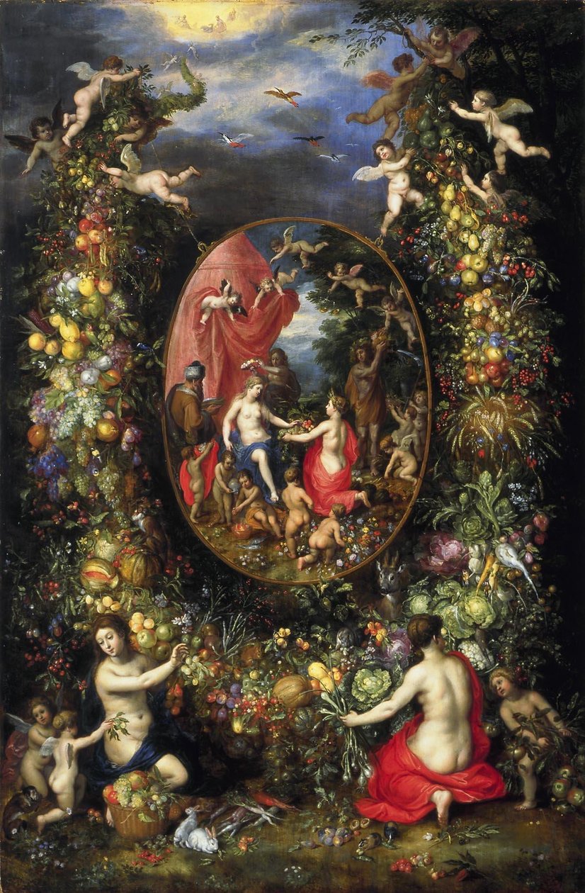Krans van vruchten en bloemen rond een allegorie op de landbouw av Jan the Elder Brueghel