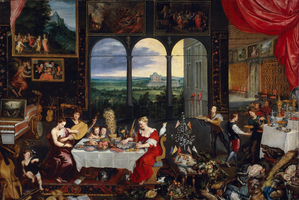 Hörseln, beröring och smak av Jan the Elder Brueghel