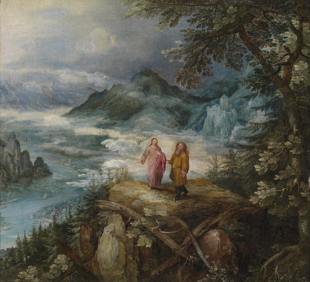 Brett bergslandskap med Kristi frestelse av Jan the Elder Brueghel