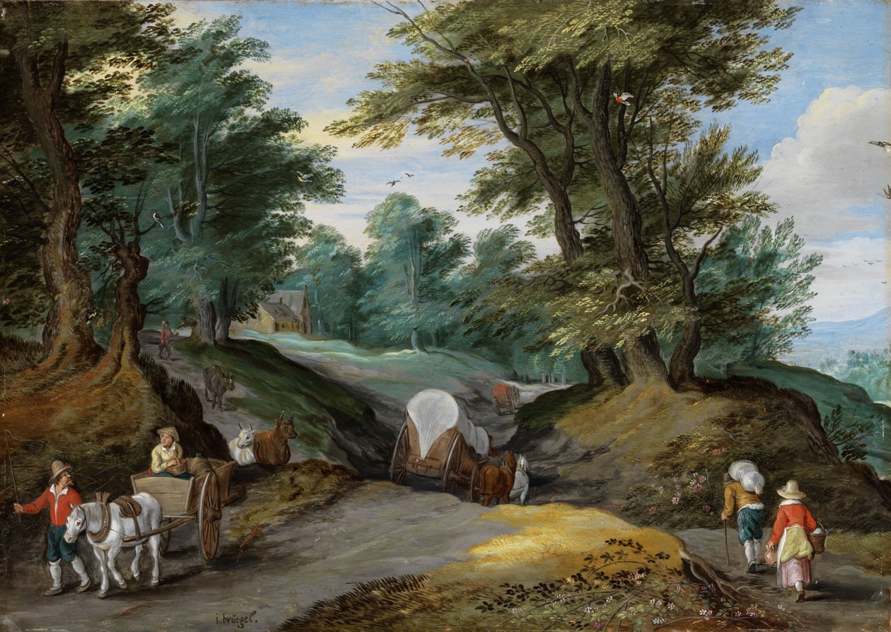 Wooded landscape with horses carts  and to the market attracting farmers av Jan Brueghel the Younger