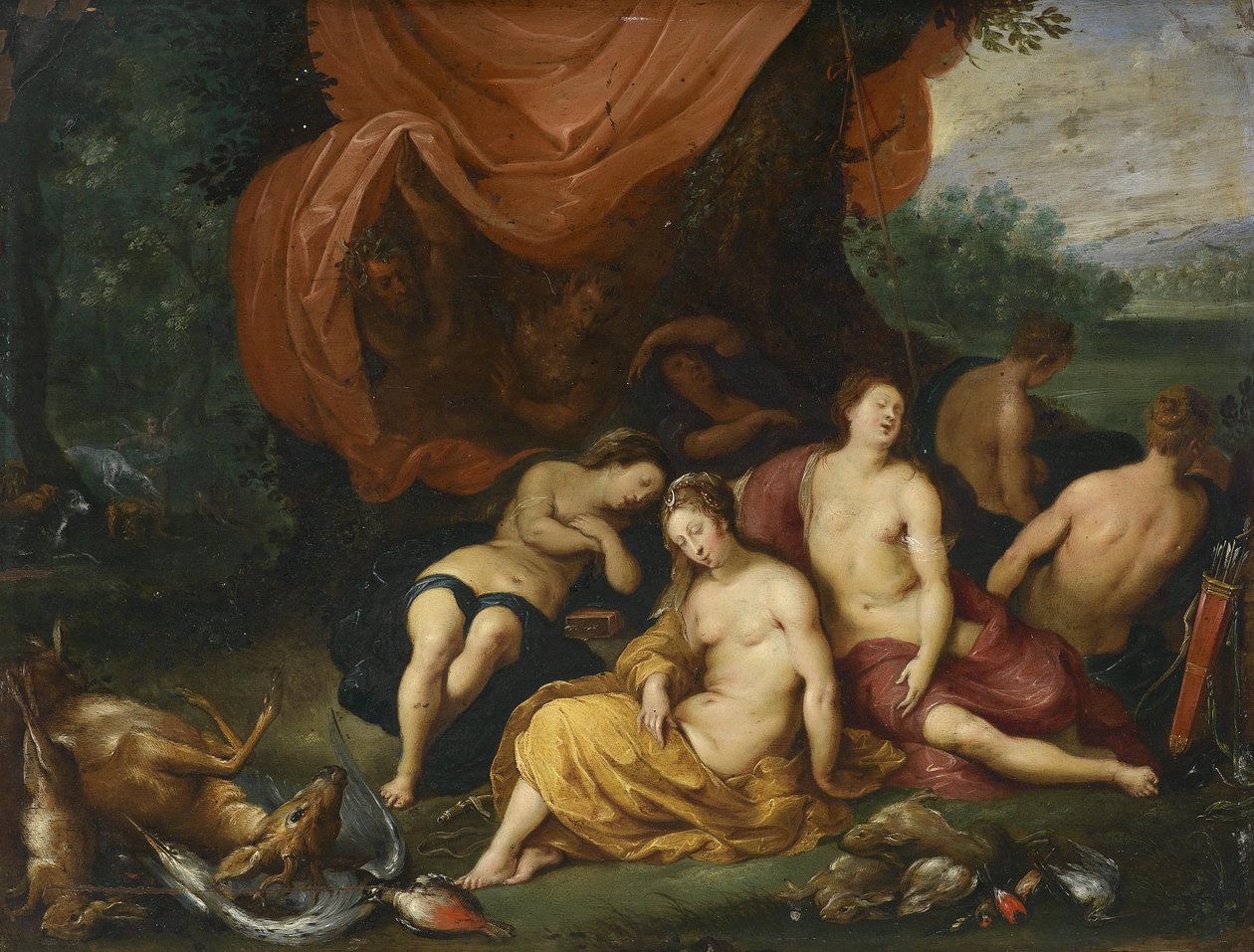 Diana och hennes nymfer efter jakten, överhörda av satyrer av Jan Brueghel the Younger