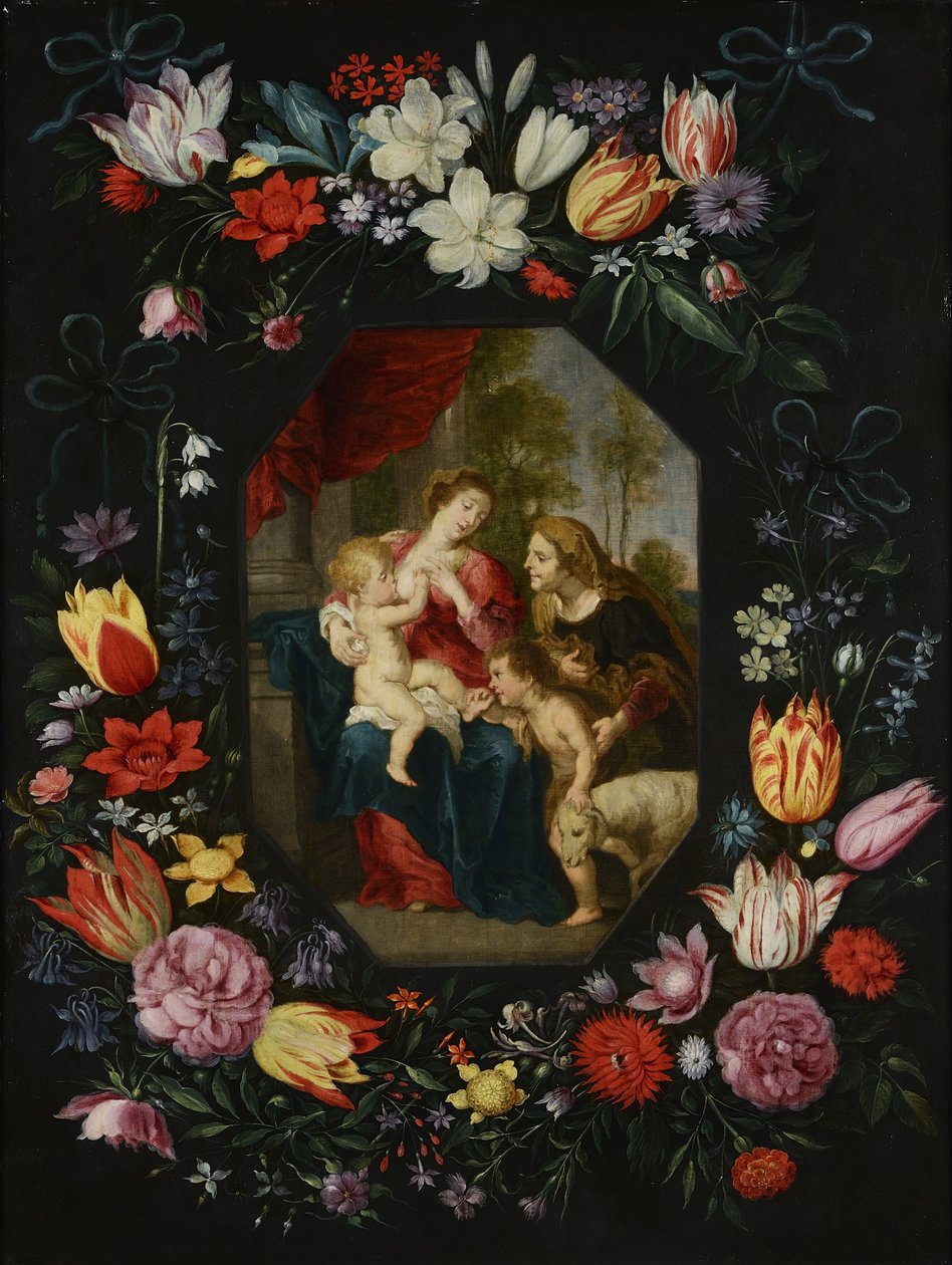 Jungfru och barn med St Elizabeth och Saint John the Baptist i en krans av blommor av Jan Brueghel the Younger