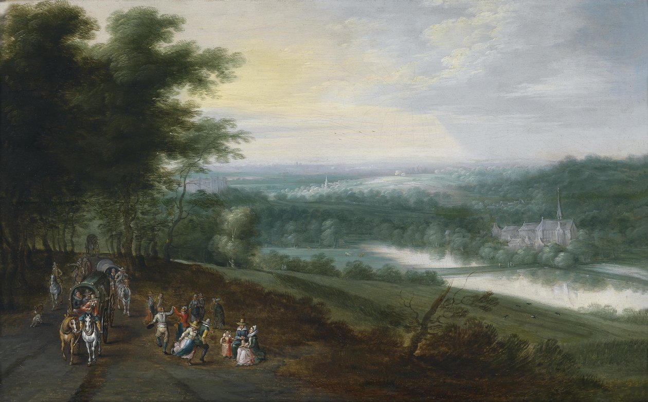 Bredt flodlandskap med resande och dansande bönder på en stig, ett klosterkomplex i bakgrunden. av Jan Brueghel the Younger