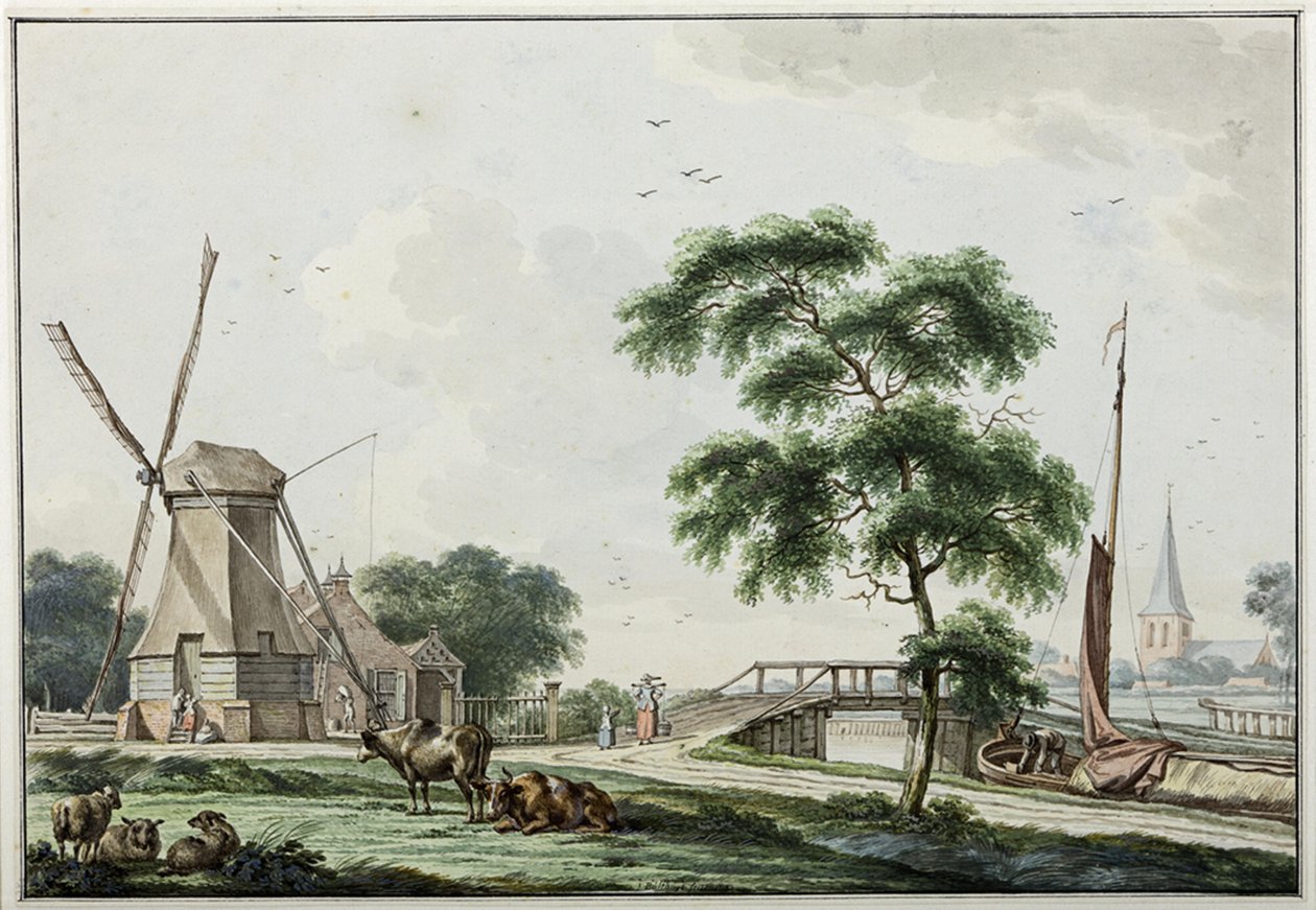 De Ulrumertil over de trekvaart met pelmolen en op de achtergrond de kerk van Ulrum av Jan Bulthuis