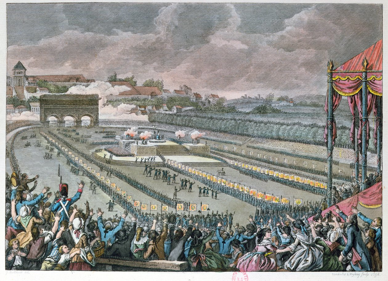 Federationens festival, 14 juli 1790, på Champ de Mars, 1798 (färggravyr) av Jan Bulthuis
