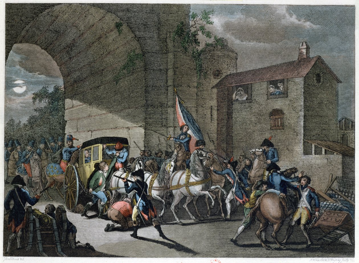 Arresteringen av Ludvig XVI (1754-93) i Varennes, 22 juni 1791, graverad av Reinier Vinkeles (1741-1816) och Daniel Friday (1765-1822) av Jan Bulthuis