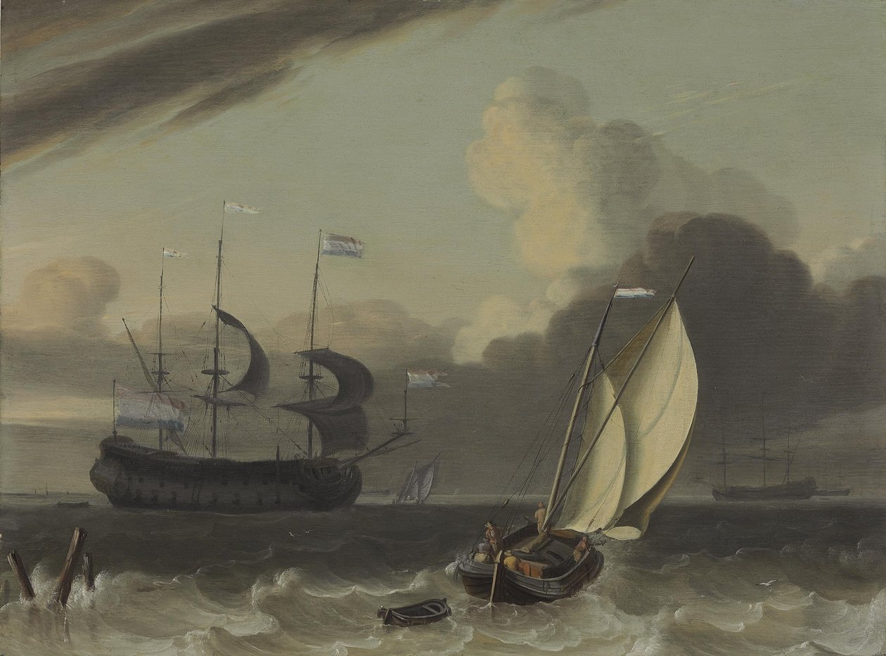 En holländsk säljare och en spritsail pråm i en bris av Jan Claesz Rietschoof