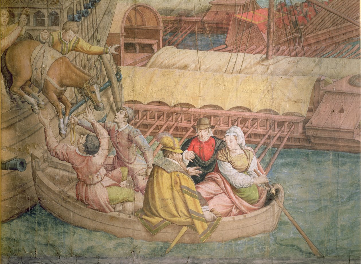 Kejsar Karl V:s kampanj mot turkarna i Tunis 1535: slaget vid Goletta, detalj av en häst som sänks ner i en båt, tecknad film för en gobeläng (kol och wc på papper) av Jan Cornelisz Vermeyen