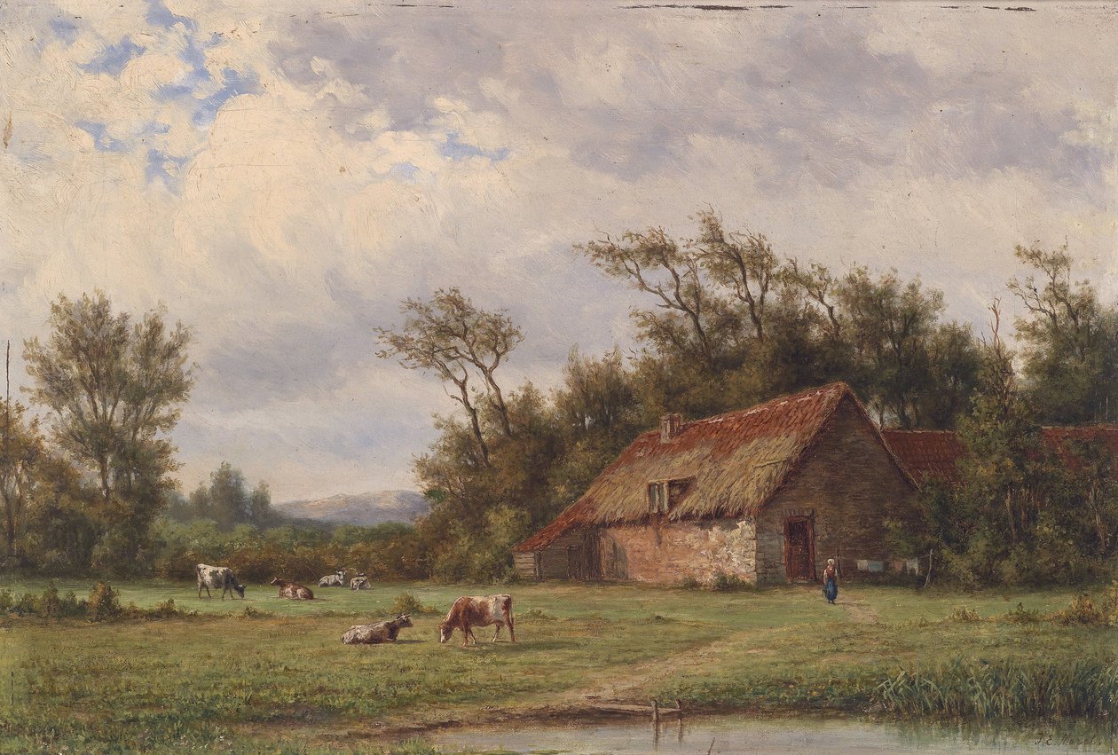 Landschaft mit Bauernhaus, Kühen und figürlicher Staffage av Jan Evert Morel
