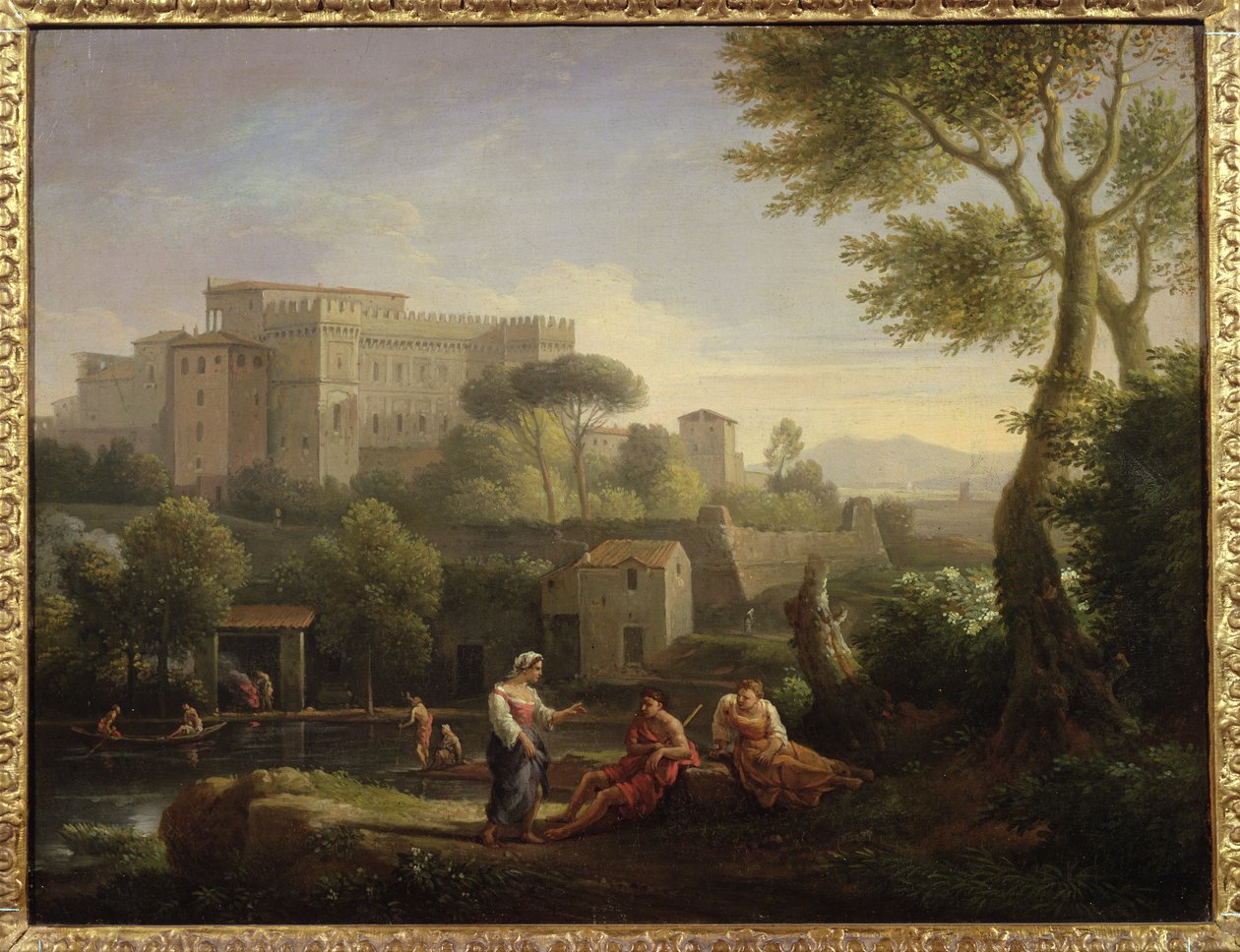 Landskap med figurer och en fästning vid en flod (par 81826) av Jan Frans van Bloemen