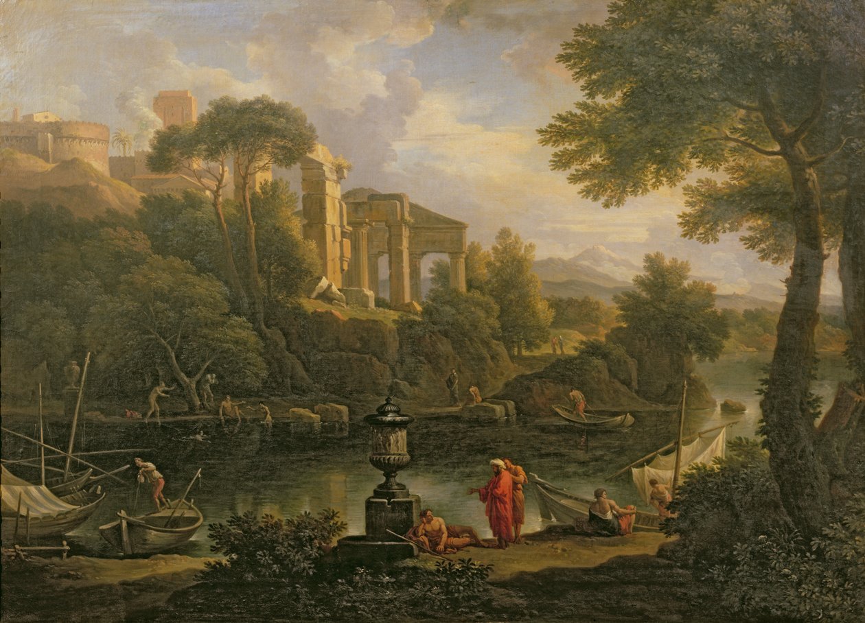 Landskap med figurer vid en pool med ruiner i bakgrunden av Jan Frans van Bloemen