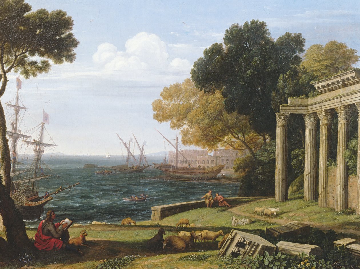 Utsikt över havet, hamnen och amfiteatern i Pola av Jan Frans van Bloemen