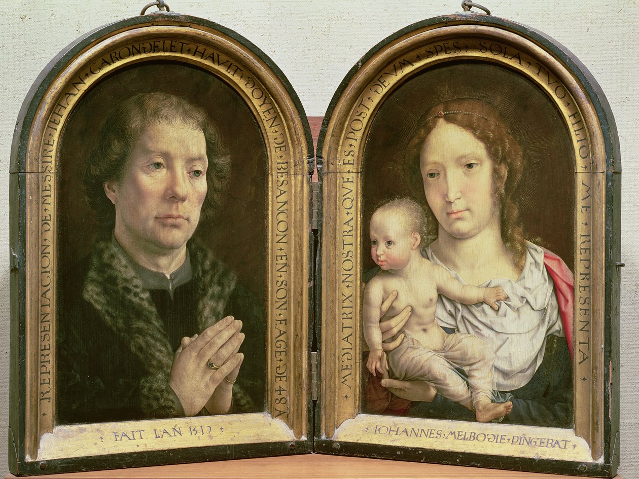 Diptyken Carondelet; (LtoR) Porträtt av Jean Carondelet (1469-1545) Dekanus i Besancon-kyrkan och rådman åt Karl V; Madonna och barn, 1517 (se även 210362 och 210363) av Jan Gossaert