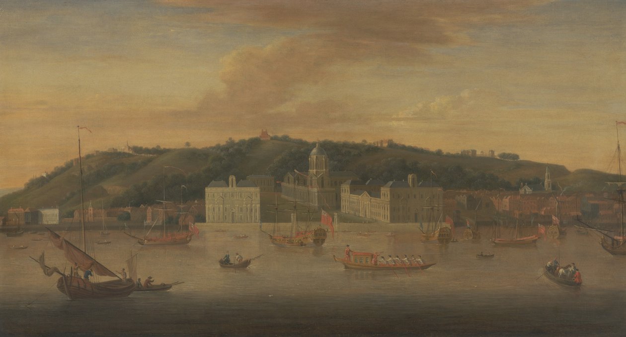 Utsikt över Greenwich från floden med många båtar av Jan Griffier