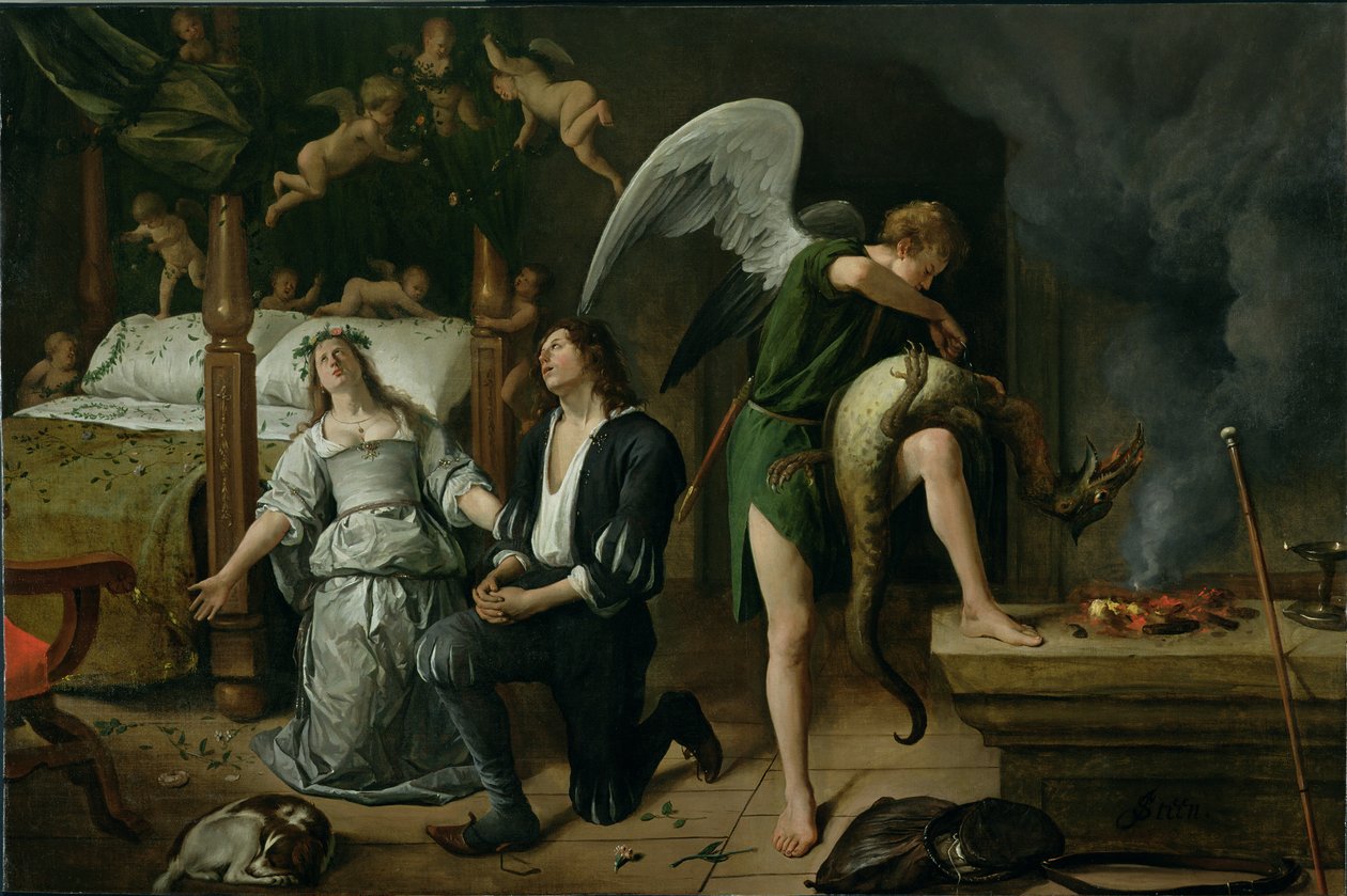 Tobias och Sarah med ärkeängeln Rafael som exorcerar demonen Asmodeus, restaurerad version återmonterad från två separerade fragment (för förrestaureringsversion se 81208) av Jan Havickszoon Steen