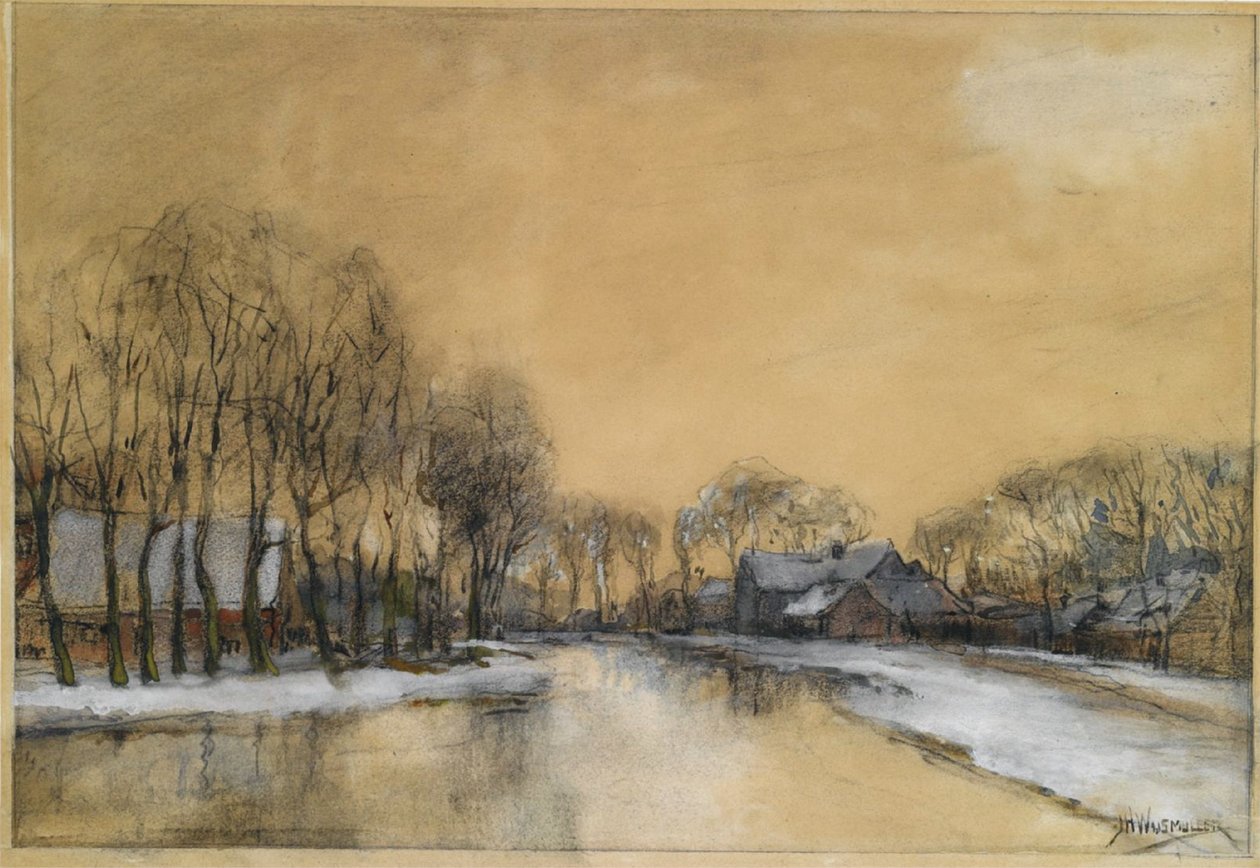  A winter landscape with houses along a canaln av Jan Hillebrand Wijsmuller