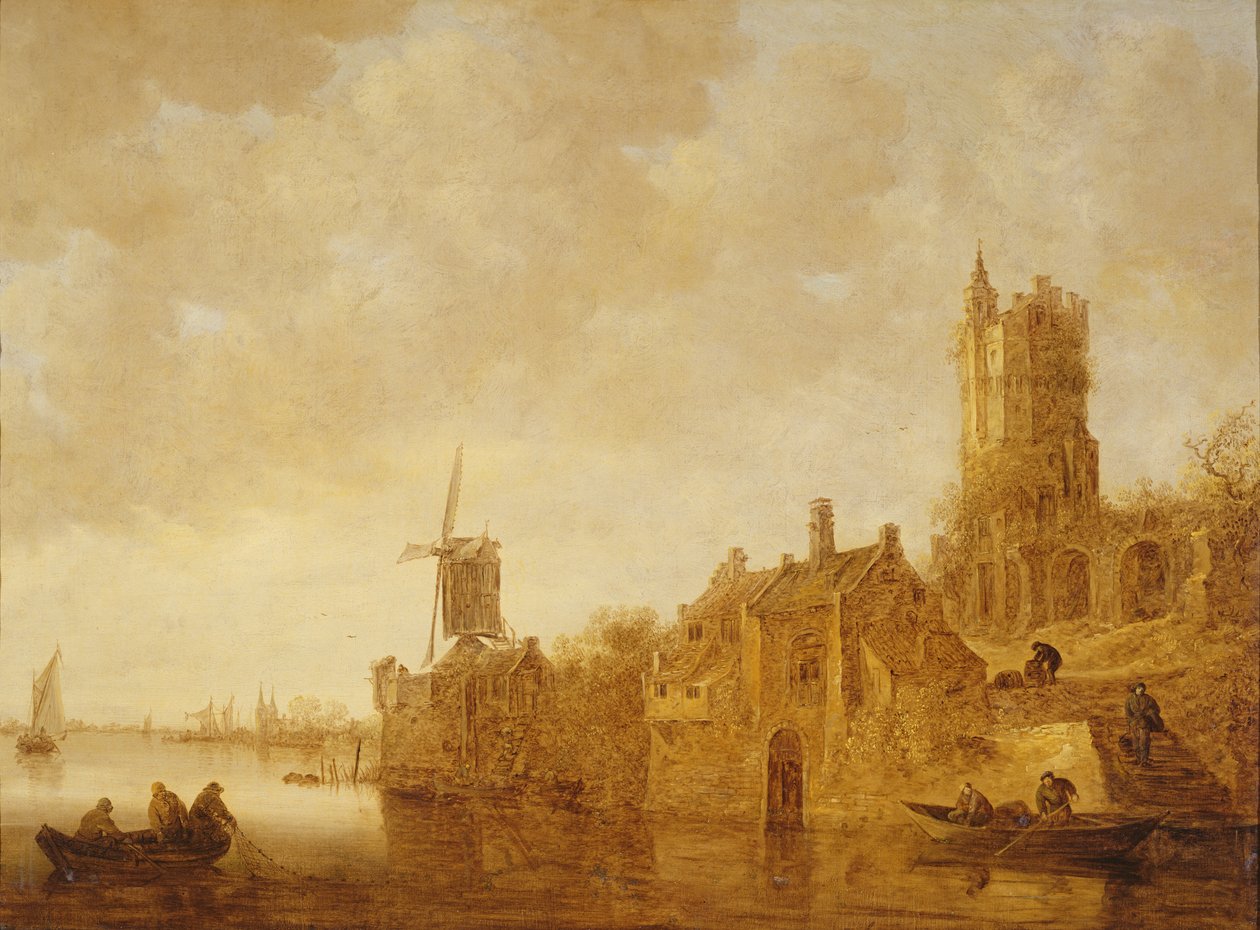 Flodlandskap med väderkvarn och slottsruiner, 1644 av Jan Josephsz van Goyen