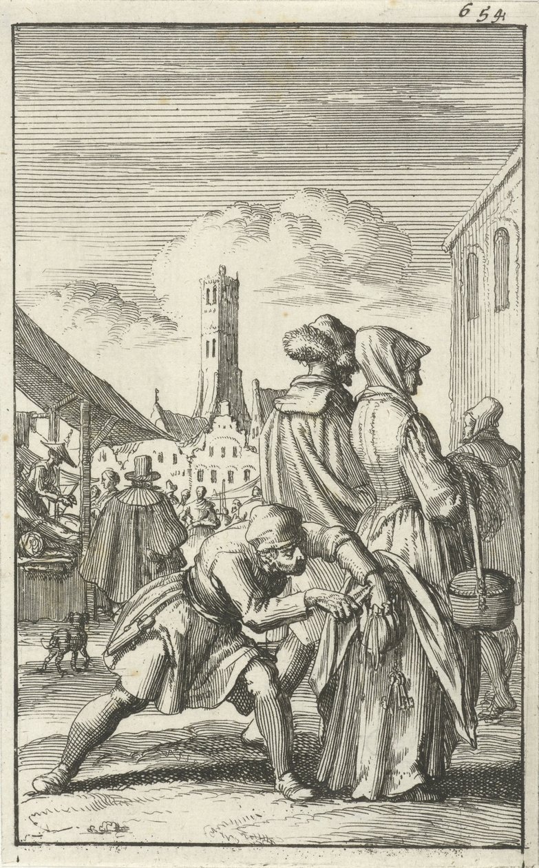 Kvinna på en marknad som blir bestulen på sin väska, 1685 av Jan Luyken