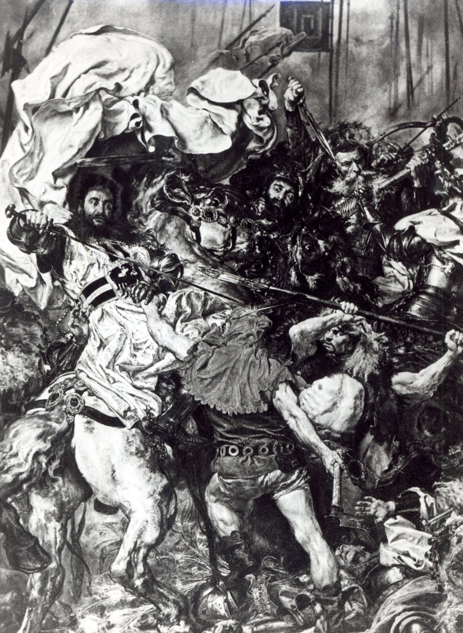 Slaget vid Grunwald den 15 juli 1410, detalj som visar stormästaren Ulrich von Jungingens död. av Jan Alojzy Matejko