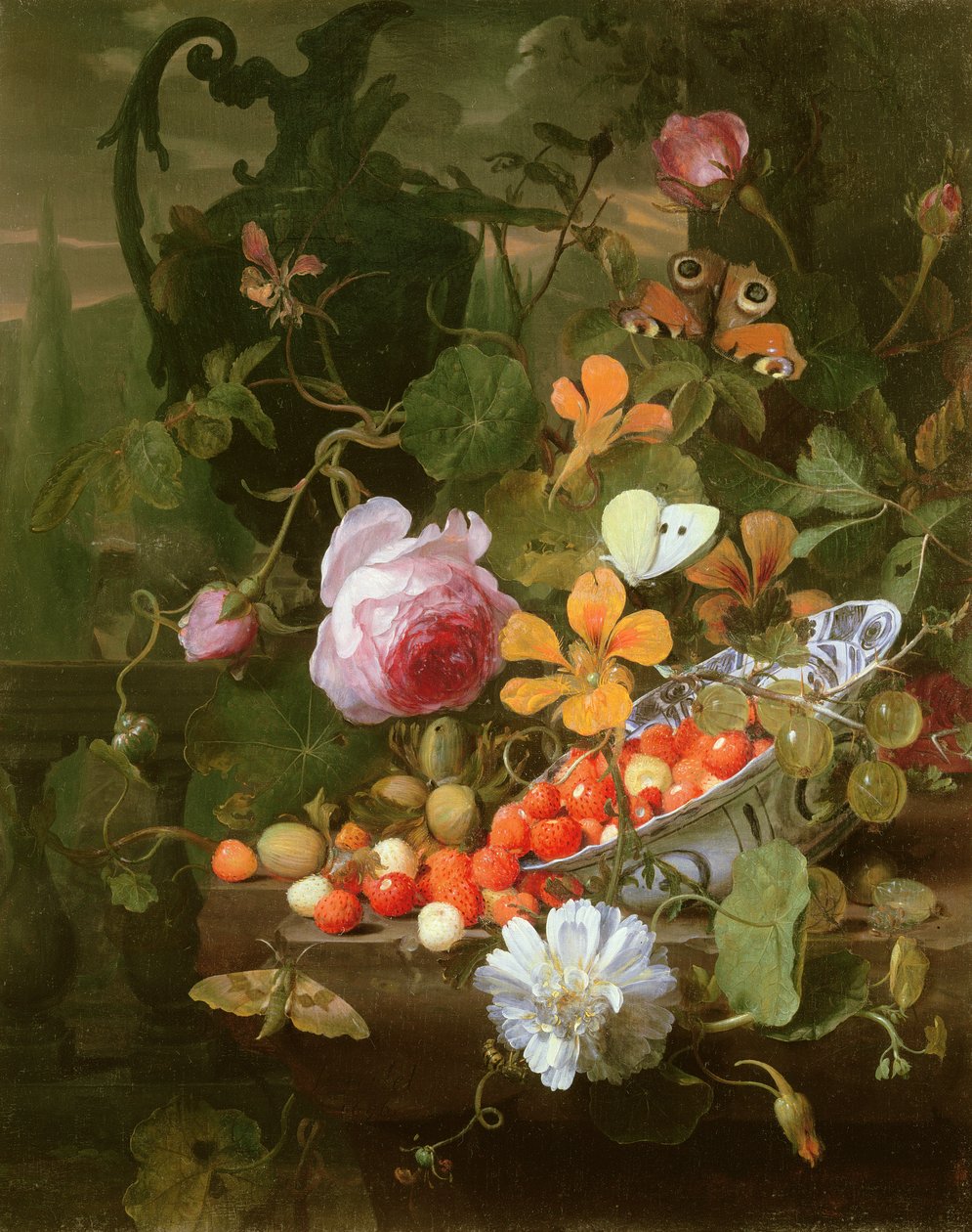 Stilleben med jordgubbar i skål och blommor, 1696 av Jan Mortel