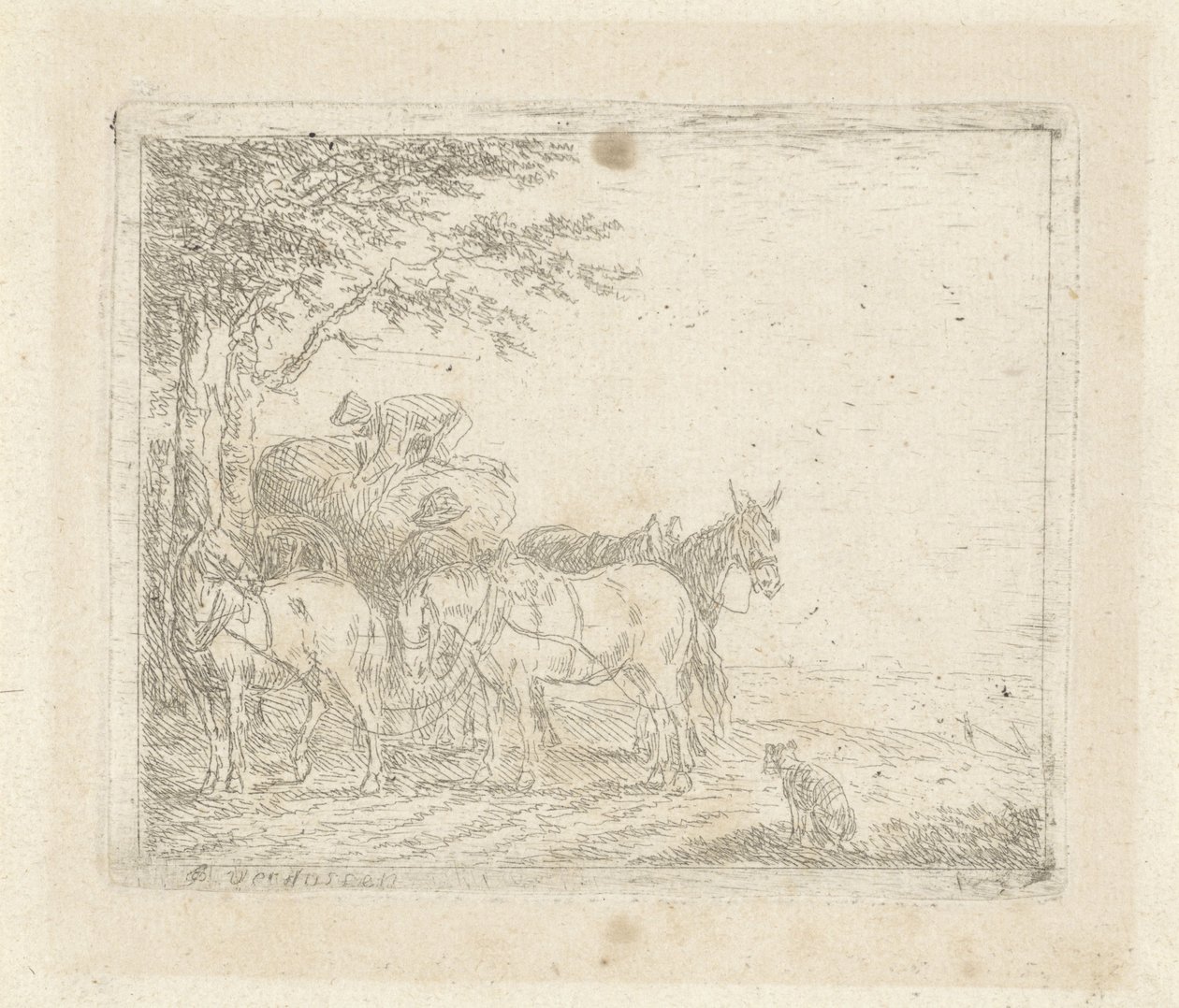 Three horses before a hay wagon av Jan Peeter Verdussen