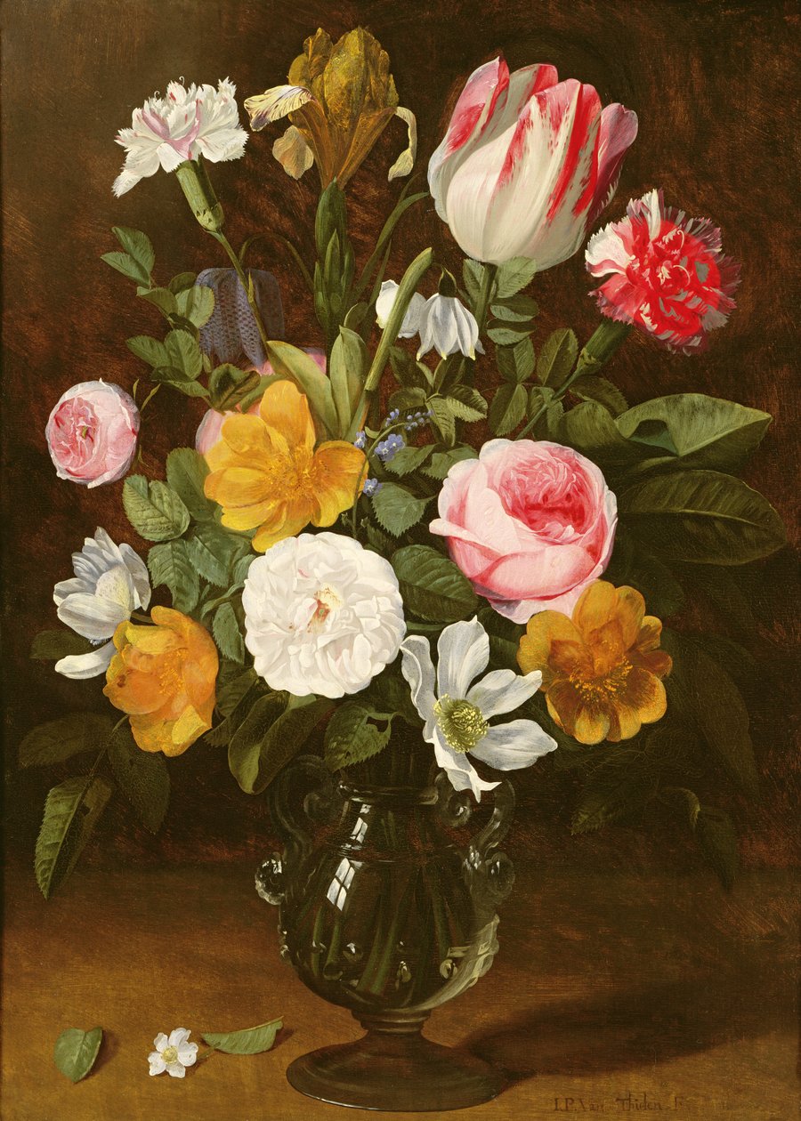 Stilleben af blomster i en glasvase (panel) swed av Jan Philip van Thielen