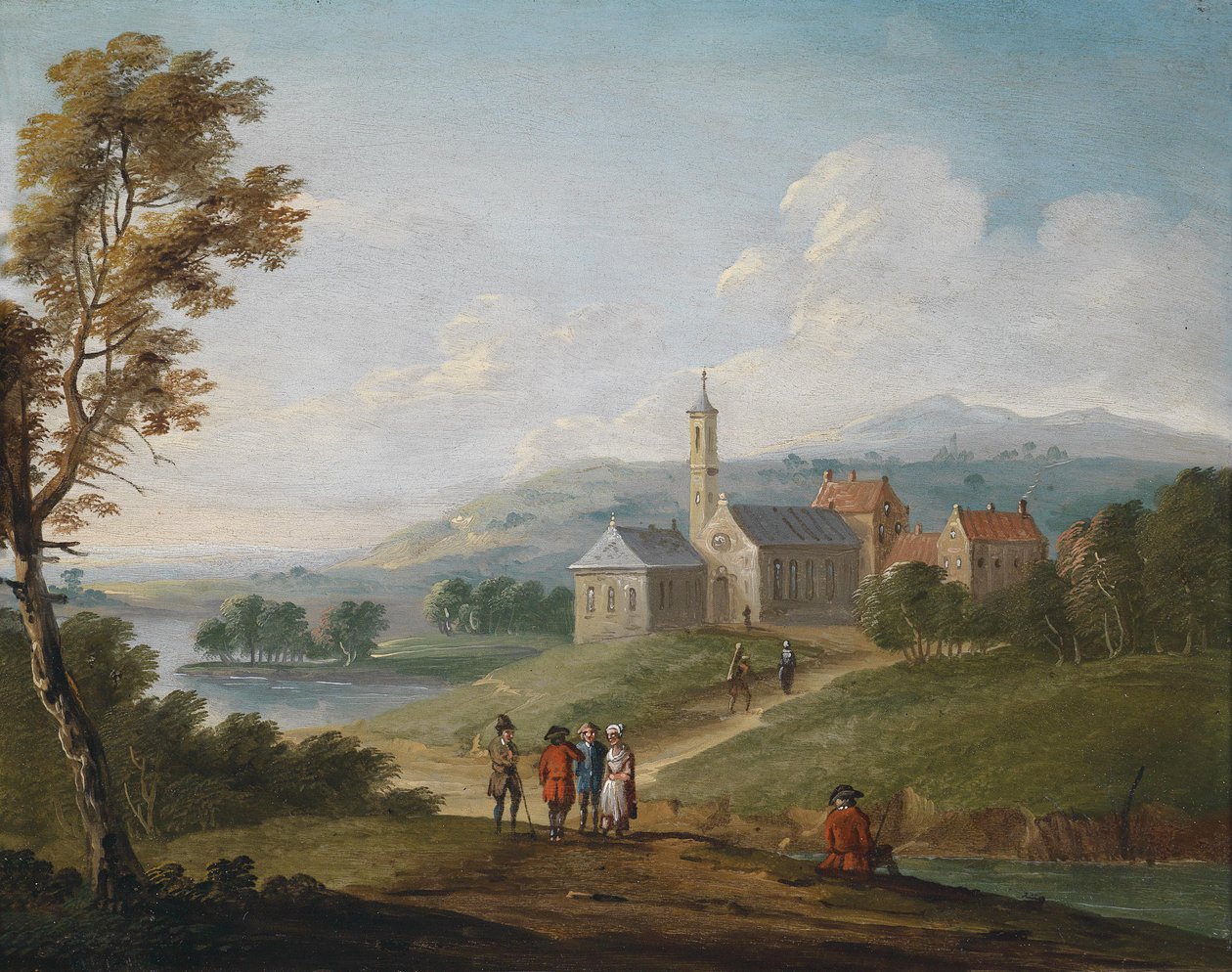 Flusslandschaft mit einem Dorf und Wanderern av Jan Pieter van Bredael