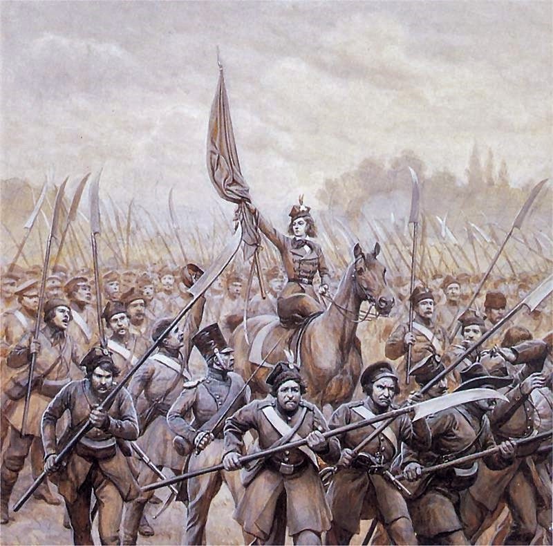      .nEnglish: Emilia Plater conducting Polish scythemen.nPolski: Emilia Plater na czele oddziau kosynierow.n av Jan Rosen