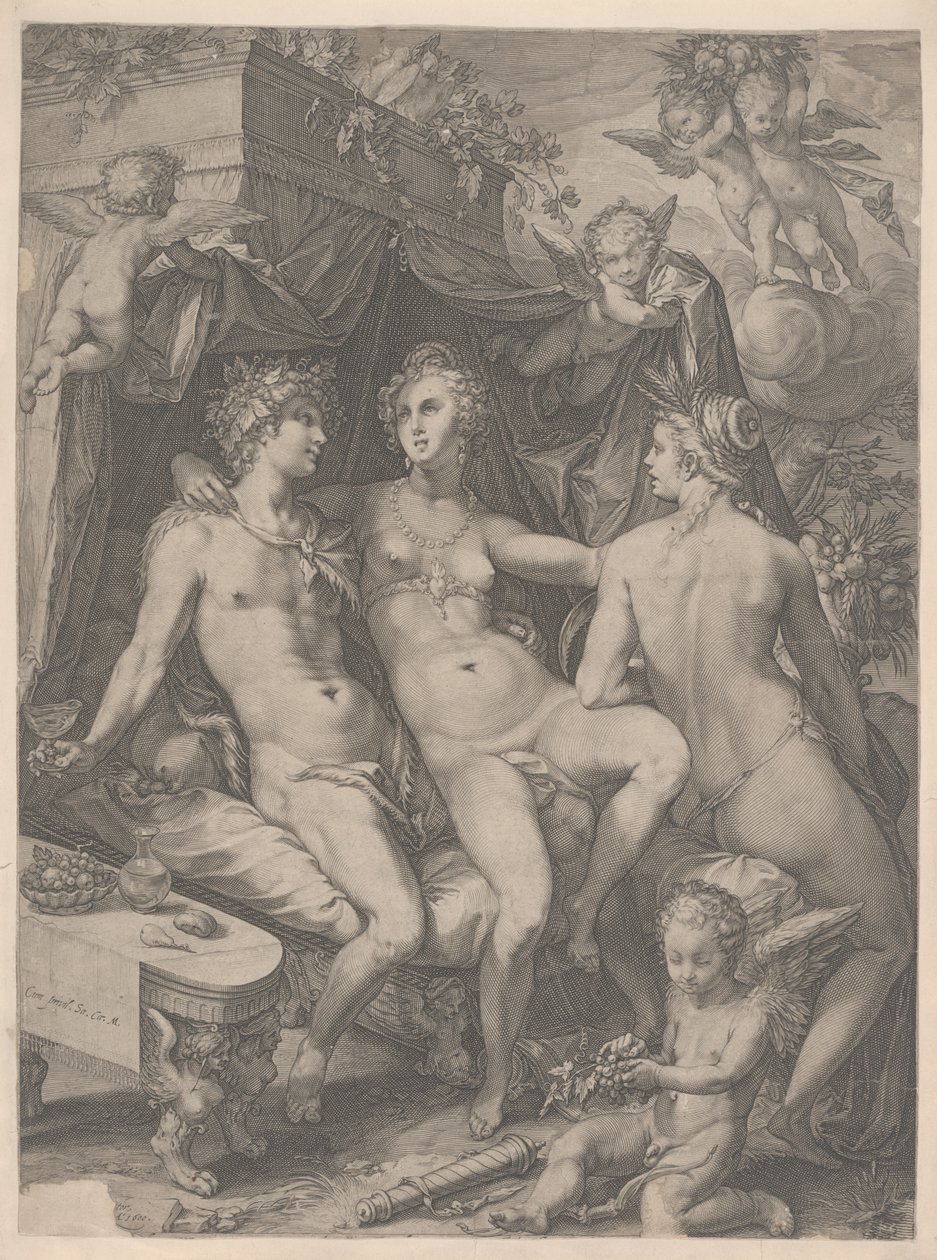 Venus sitter på en säng mellan Bacchus och Ceres, 1600 av Jan Saenredam