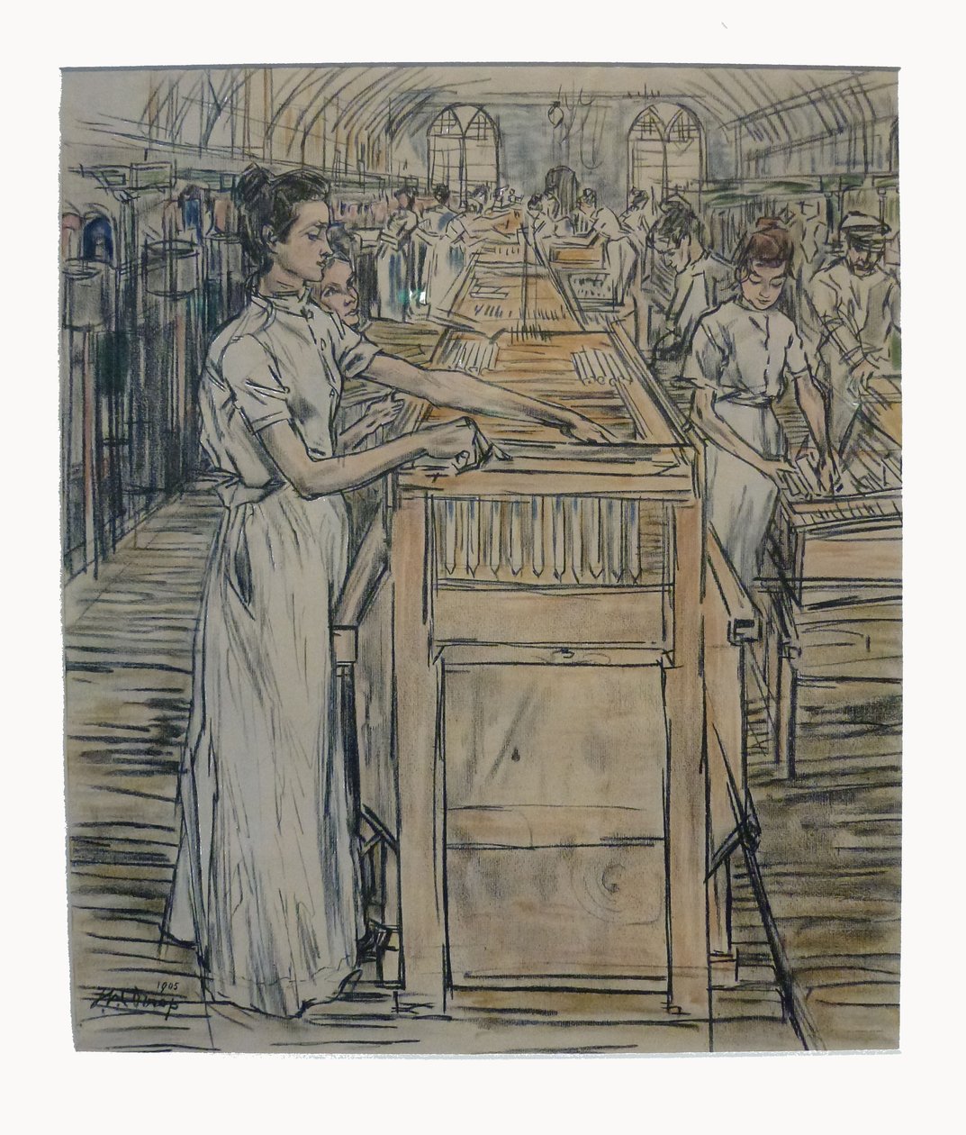  Afwerkerij 1 van de 12 lithos die Toorop maakte over de fabricage van kaarsenn av Jan Toorop