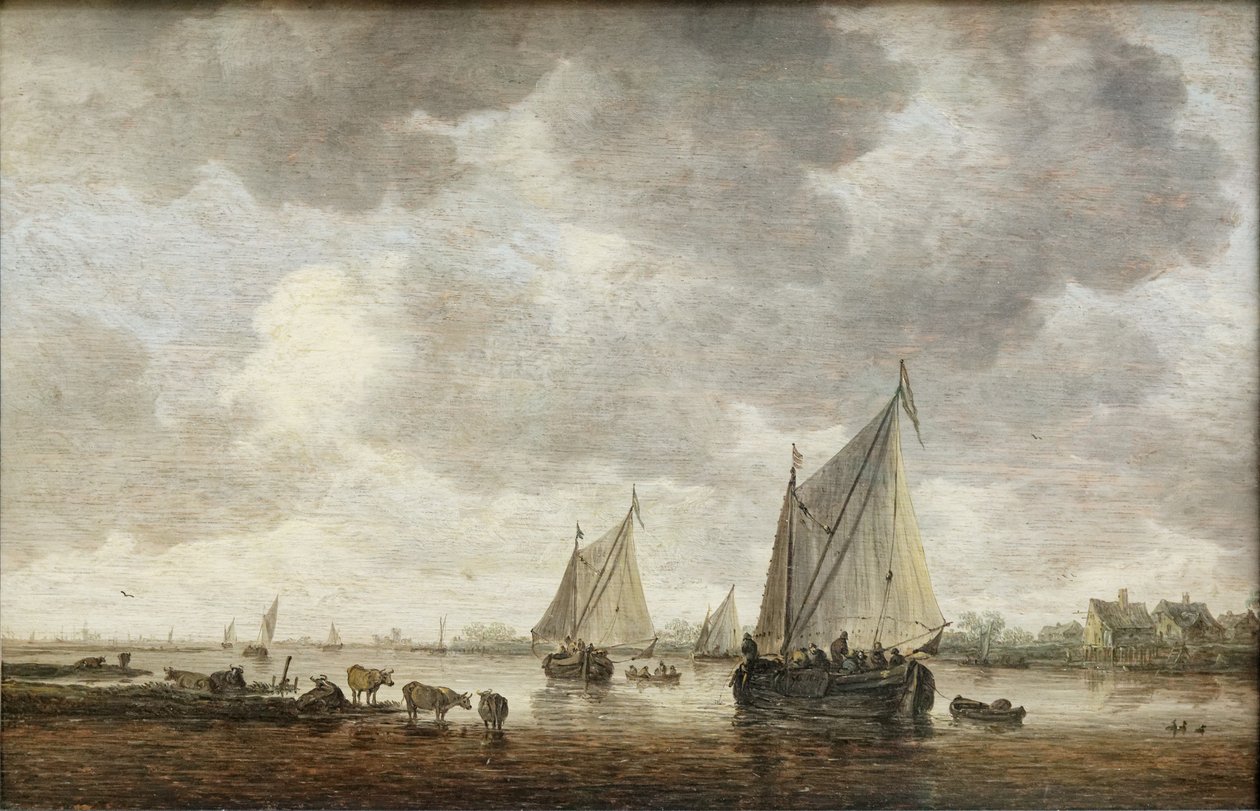 Två stora segelbåtar på en flod och nötkreatur nära stranden av Jan Josephsz van Goyen
