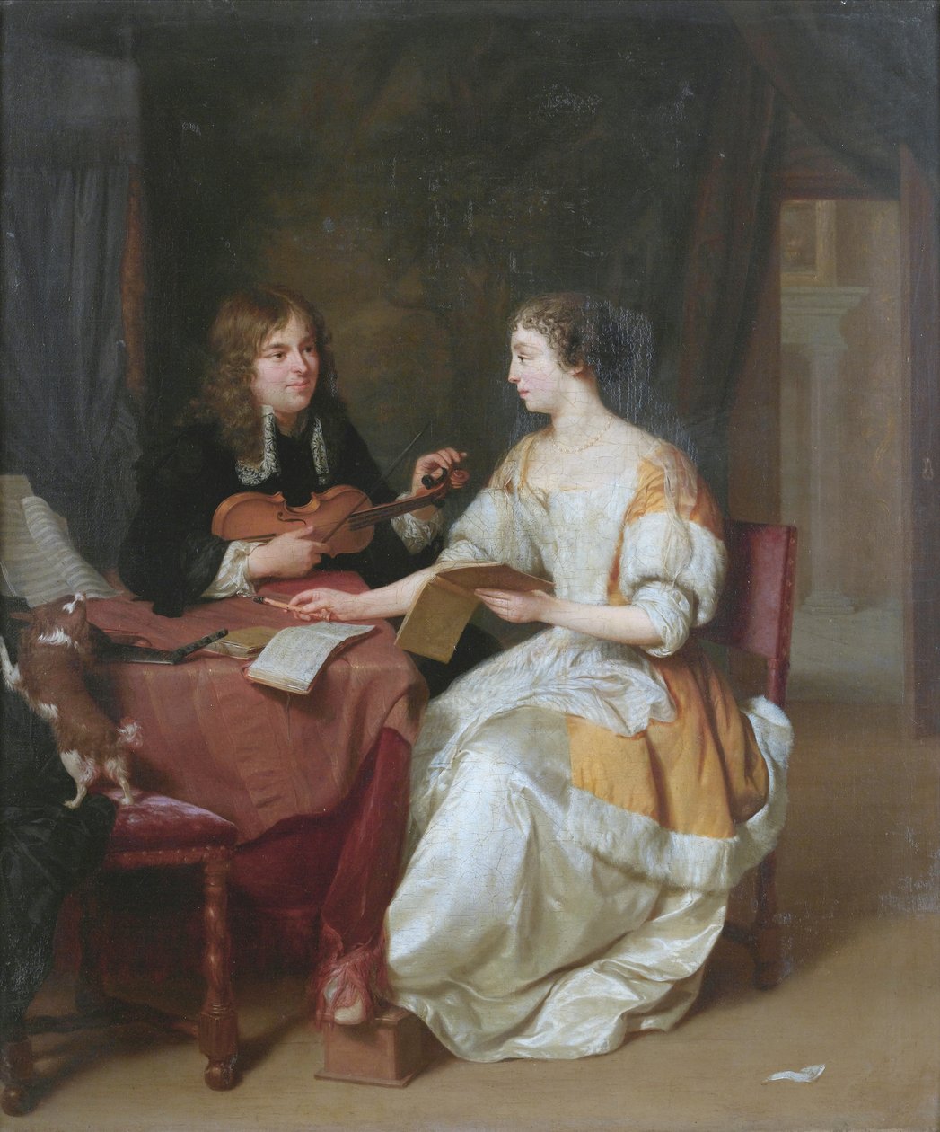 An elegant couple making music in an interior av Jan Verkolje