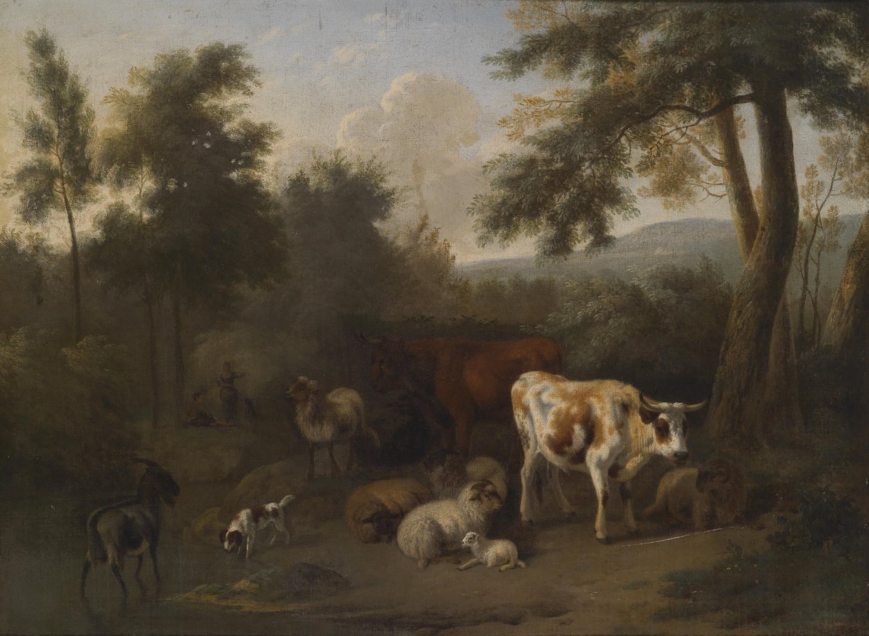 Bewaldete Landschaft mit lagerndem Vieh und Hirten av Jan Vermeer van Haarlem