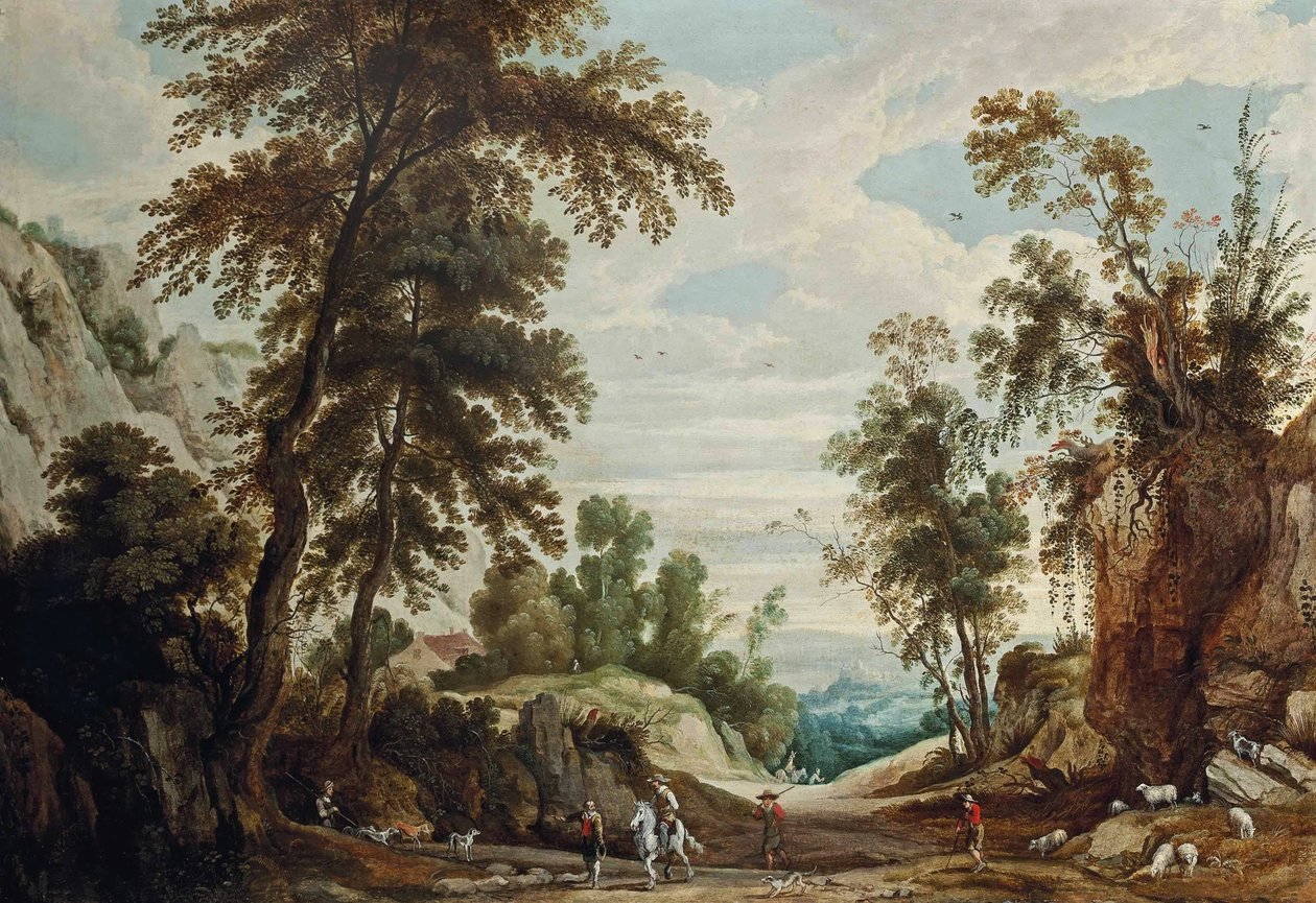 Ett trädbevuxen landskap med en figur på häst och herdar med sin flock på en stig, ett slott bayond av Jan Wildens
