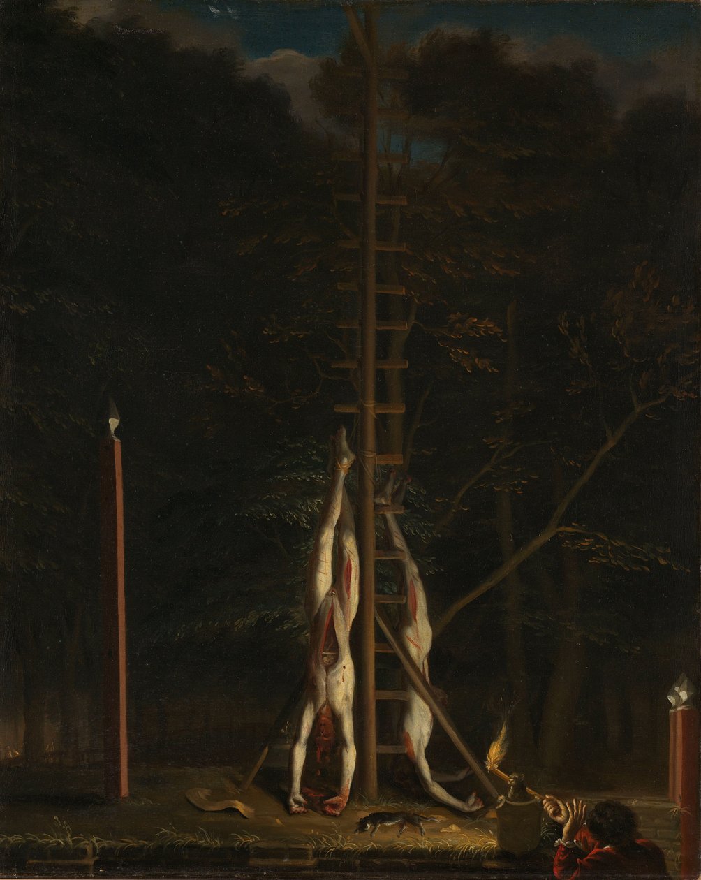 The corpses of the brothers De Witt, on the Groene Zoodje at the Lange Vijverberg in The Hague, 20 August 1672 av Jan de Baen