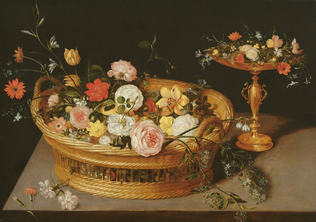 En korg med blommor med en silverförgylld Tazza av Jan the Elder Brueghel