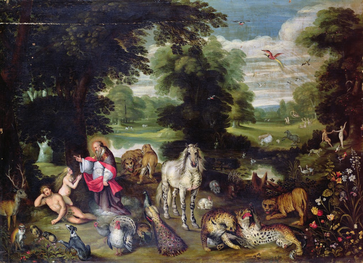 Adam och Eva tillsammans med Gud i Edens lustgård och berättelsen om syndafallet av Jan the Elder Brueghel