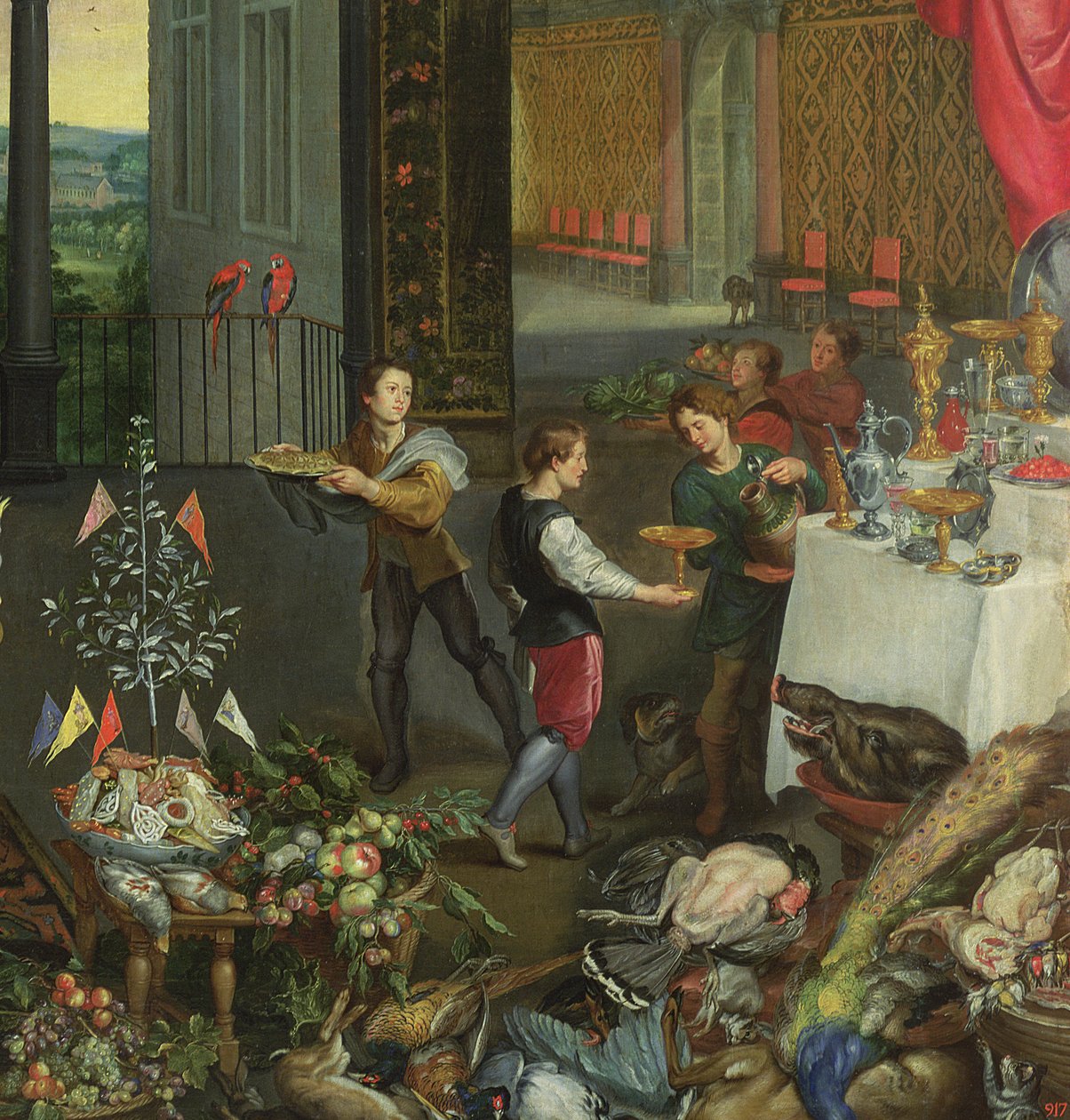Allegory of Taste, detalj av servrar som kommer med vin, 1618 (detalj av 61052) av Jan the Elder Brueghel
