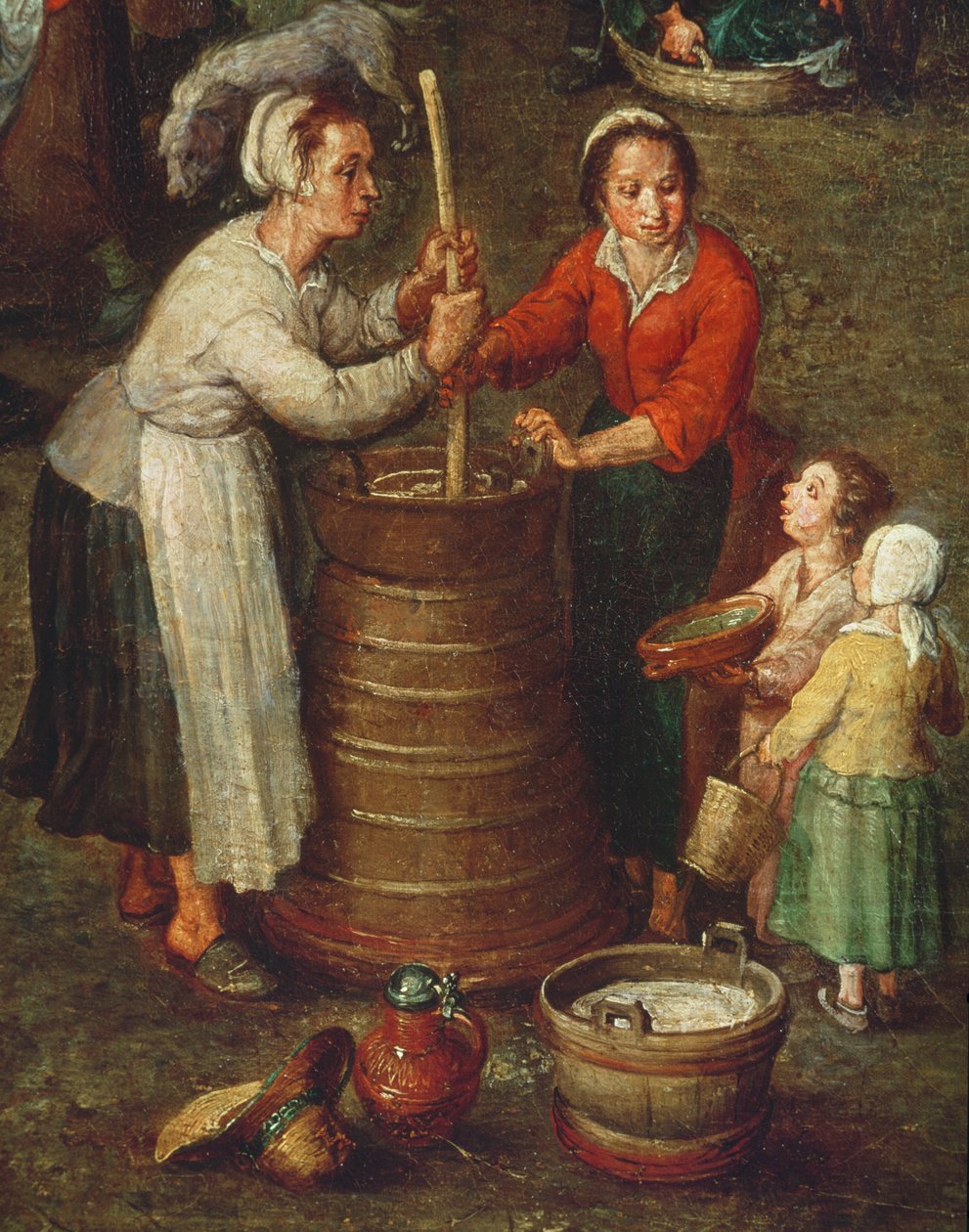 Country Life, detalj av bönder som kärnar mjölkolja på duk av Jan the Elder Brueghel