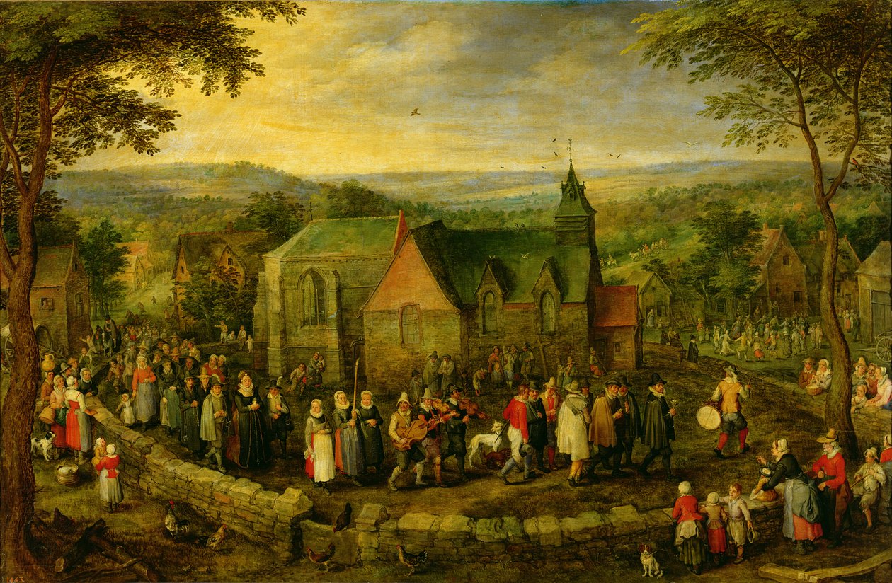 Lantligt liv med en bröllopsscen av Jan the Elder Brueghel