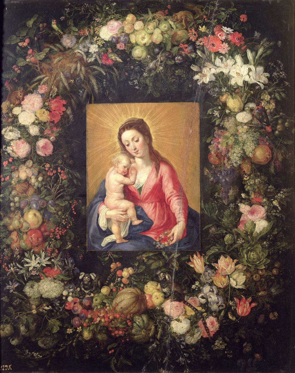 Krans af frugt og blomster med jomfru og barn swed av Jan the Elder Brueghel
