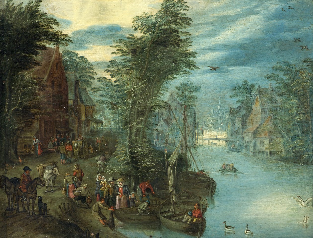 River Scene, ca 1630-50 (olja på koppar) av Jan the Elder Brueghel